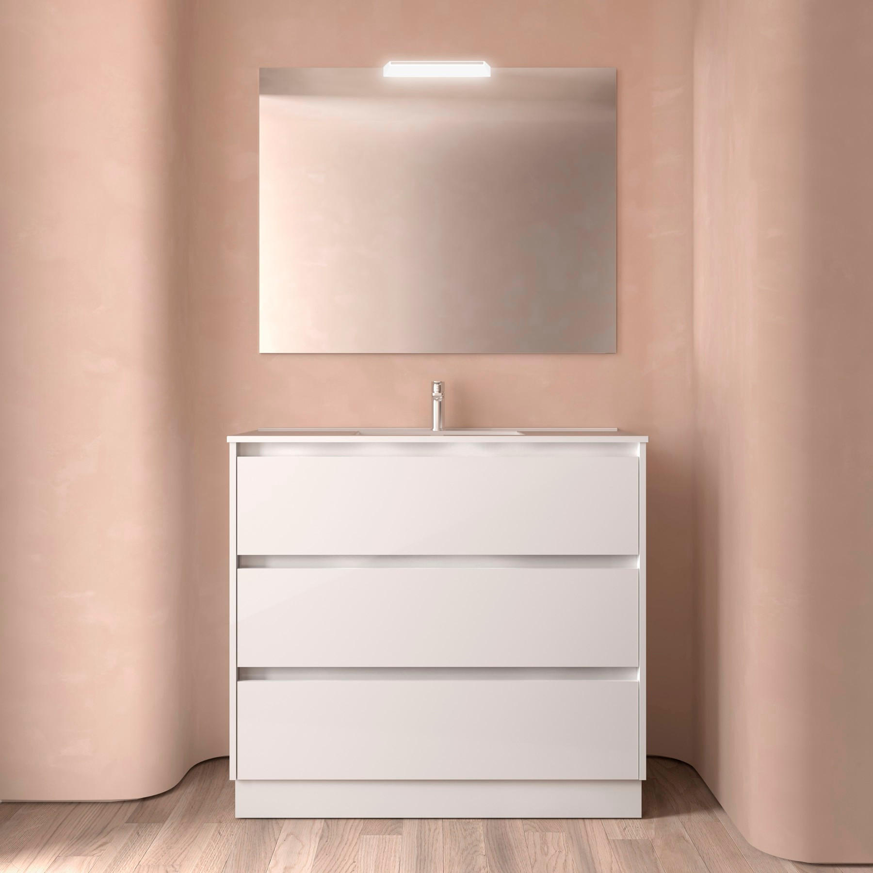 NOJA Komplett-Set 1000 3 Schubladen WHITE GLOSS + Waschtisch + Spiegel + Leucht - Weiß Hochglanz/Schwarz, Metall (45/8.1/99.7cm) - Salgar