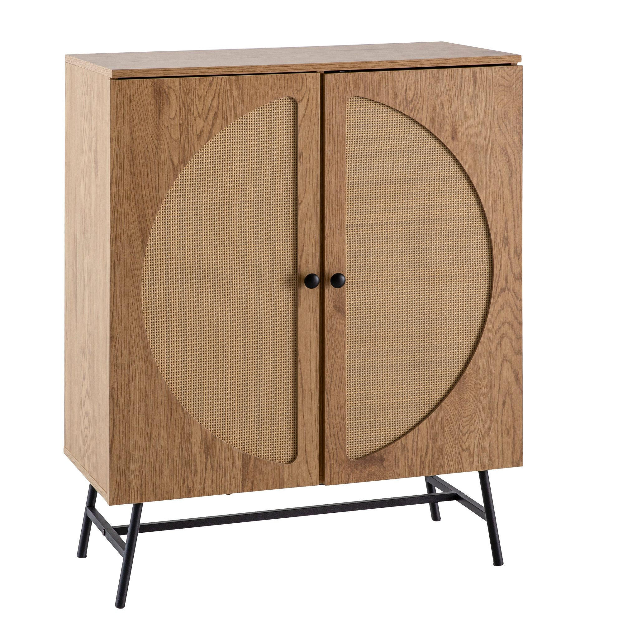 SIDEBOARD – Eiche-Dekor/Rattan, 80x103x39 cm, 2 Türen, hoch - Schwarz/Braun, Holzwerkstoff/Metall (80/103/39cm) - KADIMA DESIGN