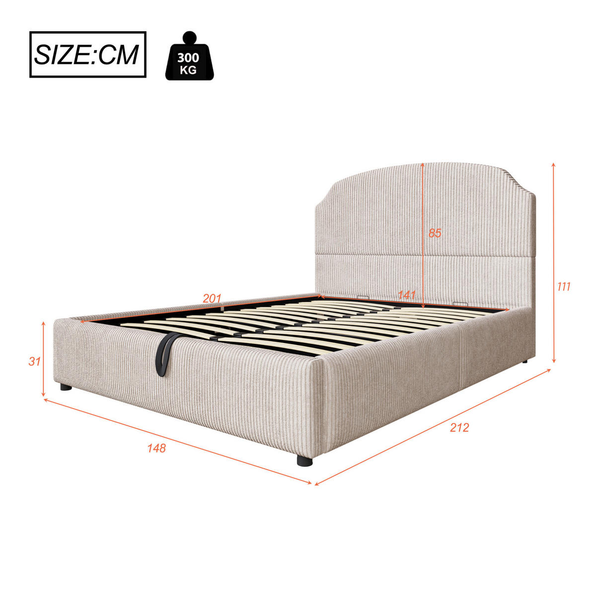 POLSTERBETT 140/200 cm mit hydraulischem Bettkasten und großem Kopfteil, Beige - Beige, Holzwerkstoff (140/200cm) - Redom