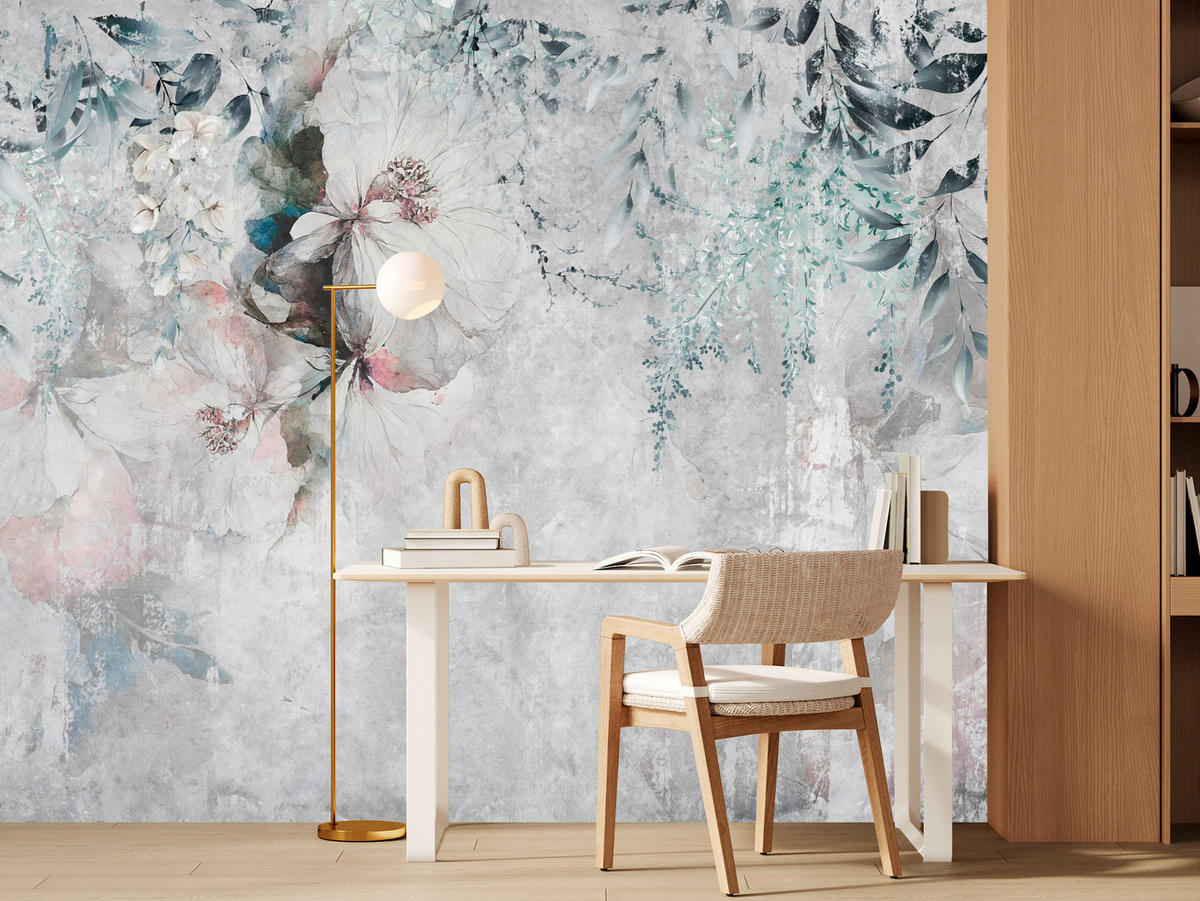 FOTOTAPETE für Schlafzimmer Zarte Blätter Beton Blumen Natur 350x256 - Schwarz/Rosa, Papier (350/256cm) - Muralo