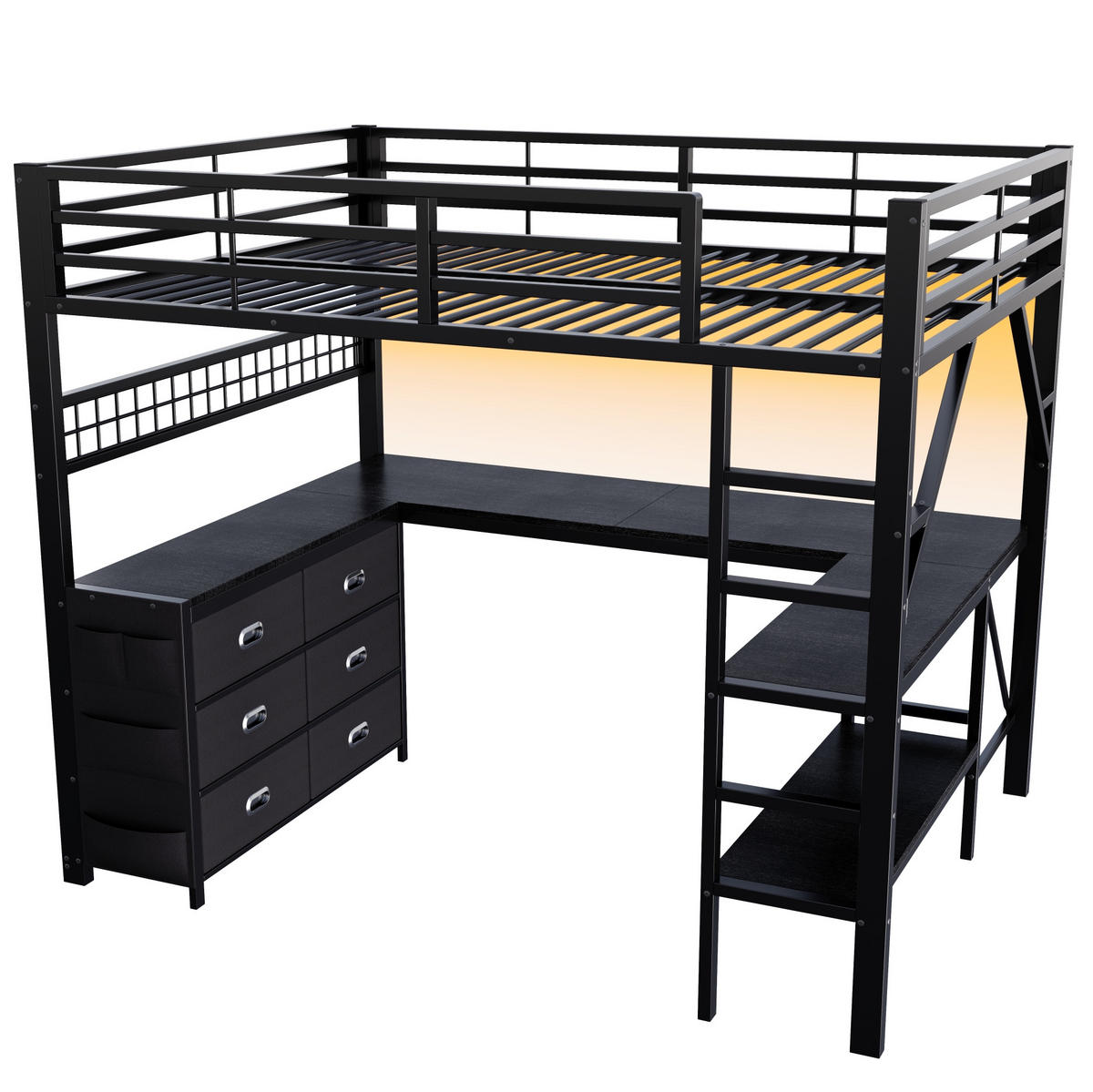 HOCHBETT Metall & MDF 140x200 cm Schwarz mit Schreibtisch, LED und Stauraum - Schwarz, Holzwerkstoff (140/200cm) - Modfu