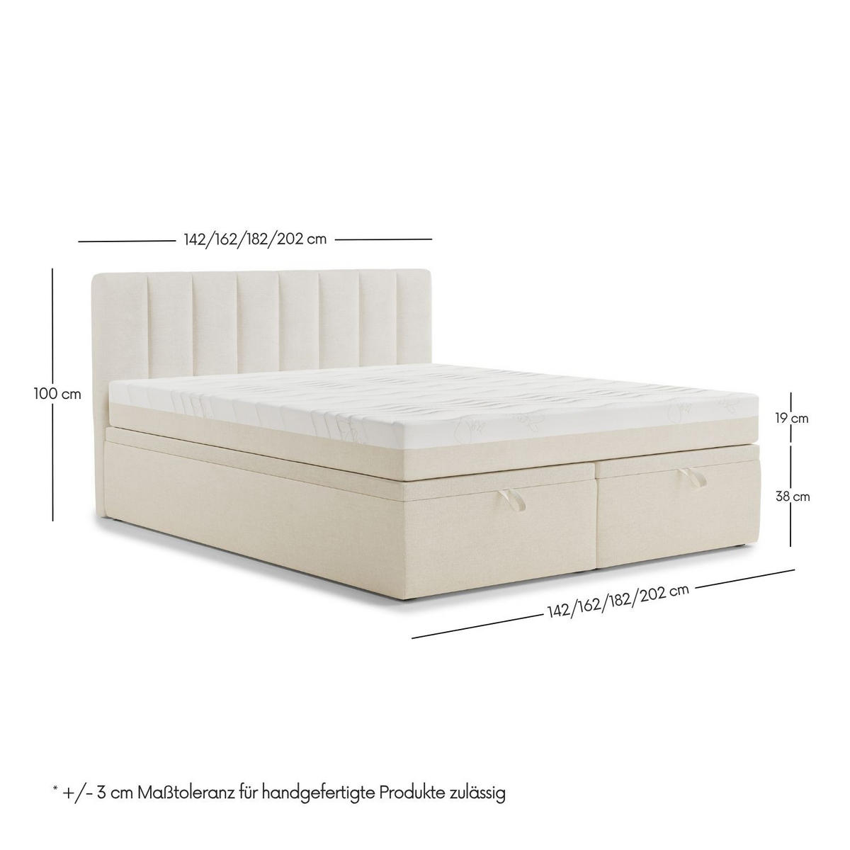 BOXBETT 200/200 cm Lovage S, in Hellgrau, Matratze, gepolstertes Kopfteil, Bettkasten, H3 = fest - Hellgrau/Schwarz, Holz/Holzwerkstoff (200/200cm) - Maison de Reve