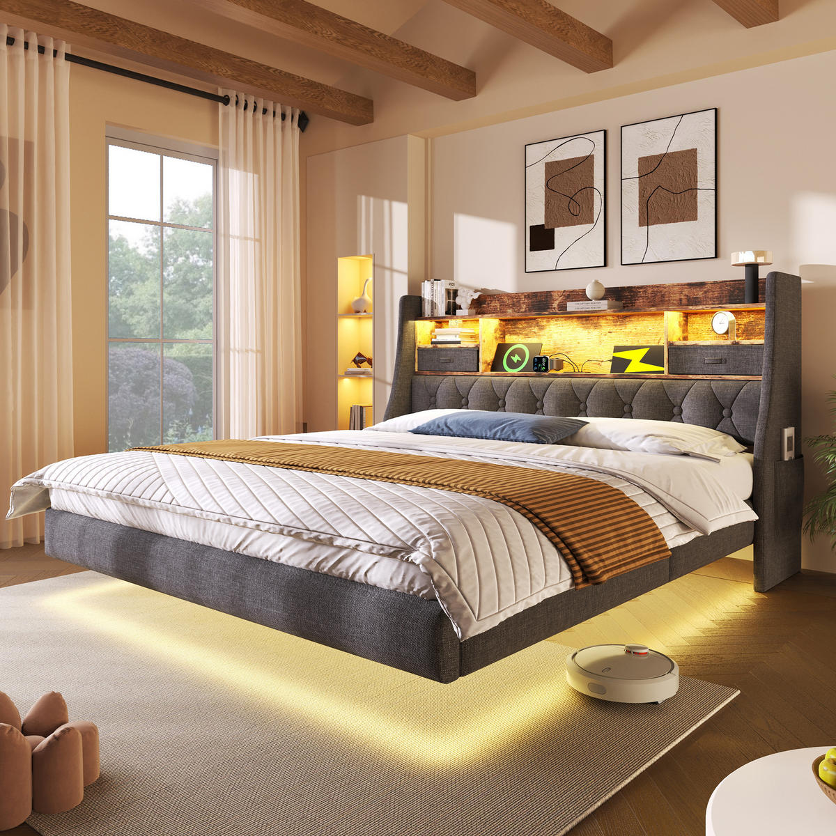 POLSTERBETT 160/200 cm grau aus Leinen mit LED und Ladestation - Grau, Textil (160/200cm) - OKWISH