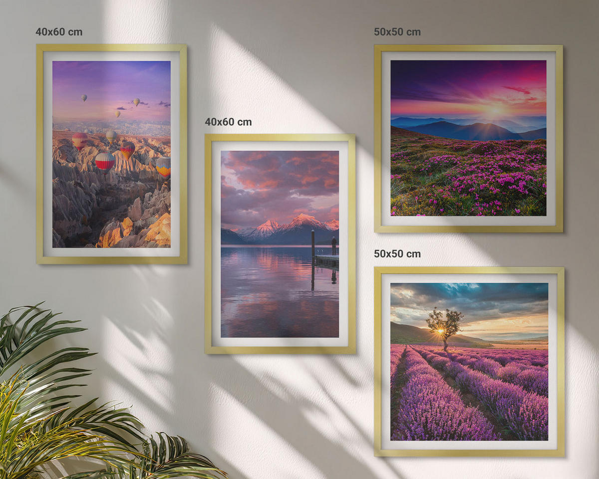 BILDER SET 4er Set - 50x50 cm & 40x60 cm Goldrahmen - Sonnenuntergang auf Lavendelfeldern - Goldfarben, Kunststoff (50/50cm) - TULUP
