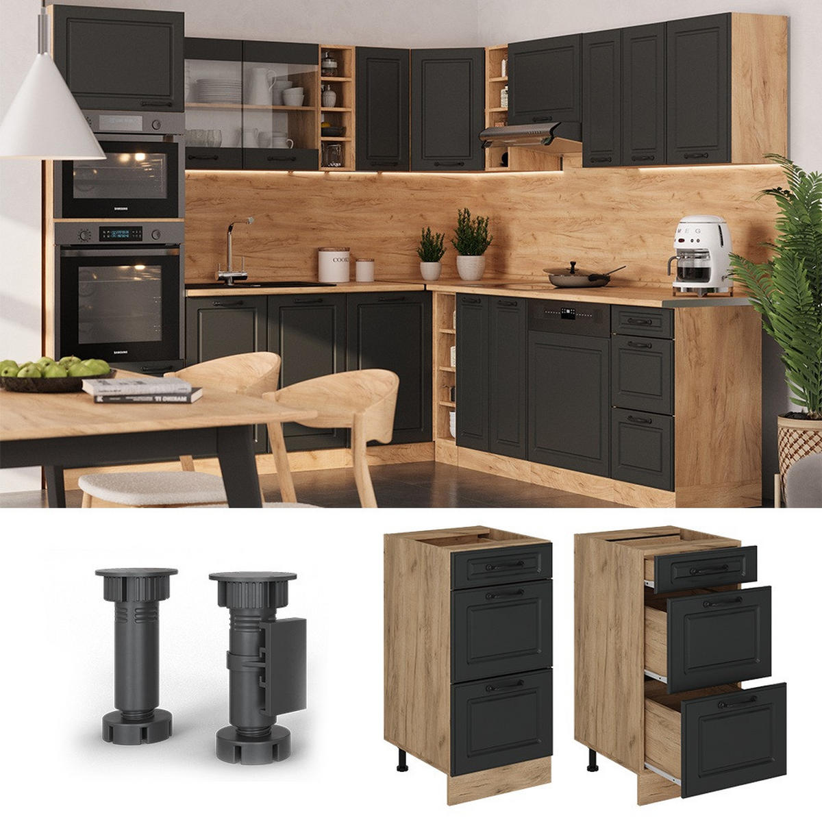 KÜCHENUNTERSCHRANK R-Line Anthrazit Landhaus 40 cm mit Schubladen, AP Eiche - Honigeiche/Anthrazit, Holzwerkstoff (40/81.6/60cm) - Vicco