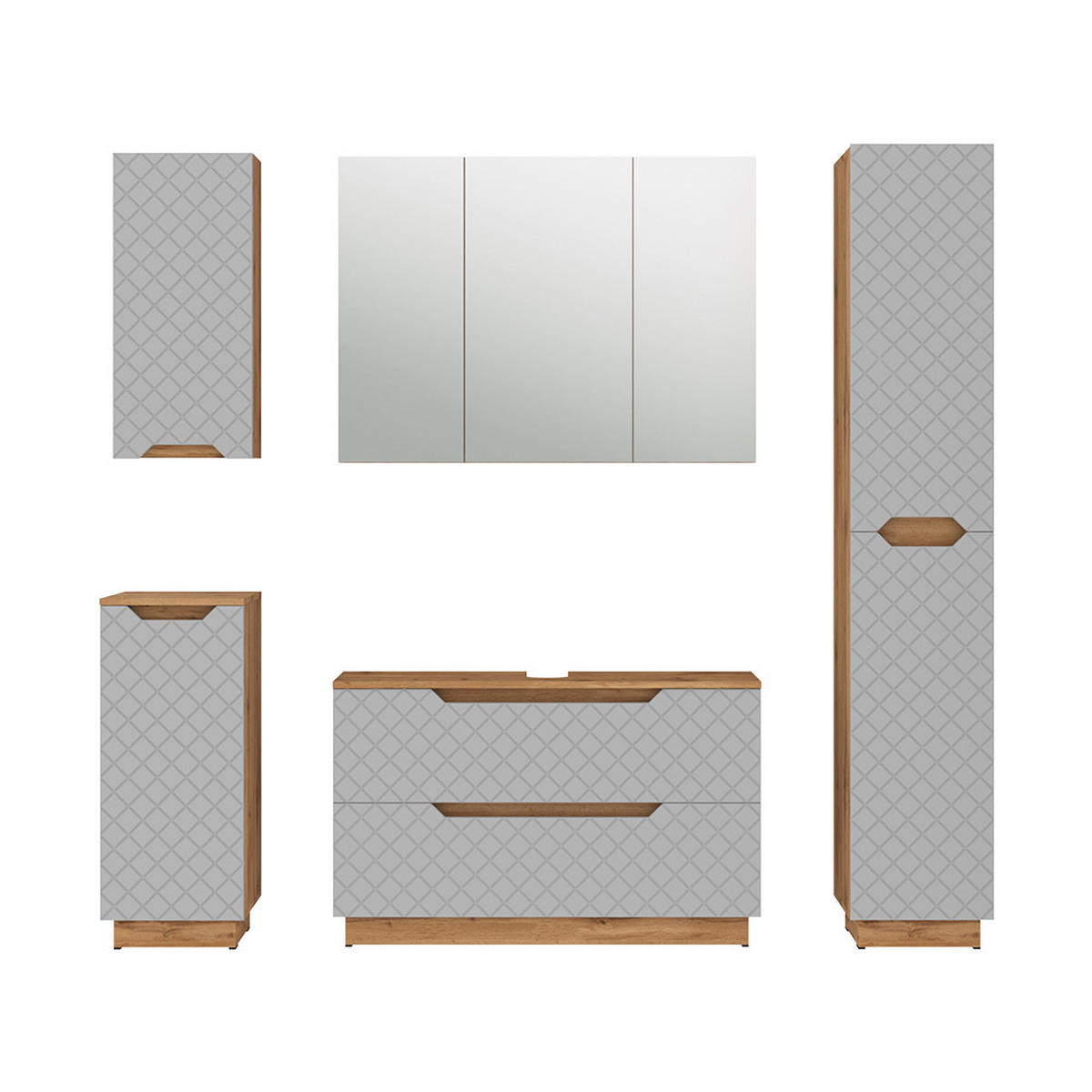 BADMÖBEL-SET Lotta Eiche/Grau mit Kachelstruktur 5 Teile - Eichefarben/Grau, Holzwerkstoff (99.4/62.5/32cm) - Vicco