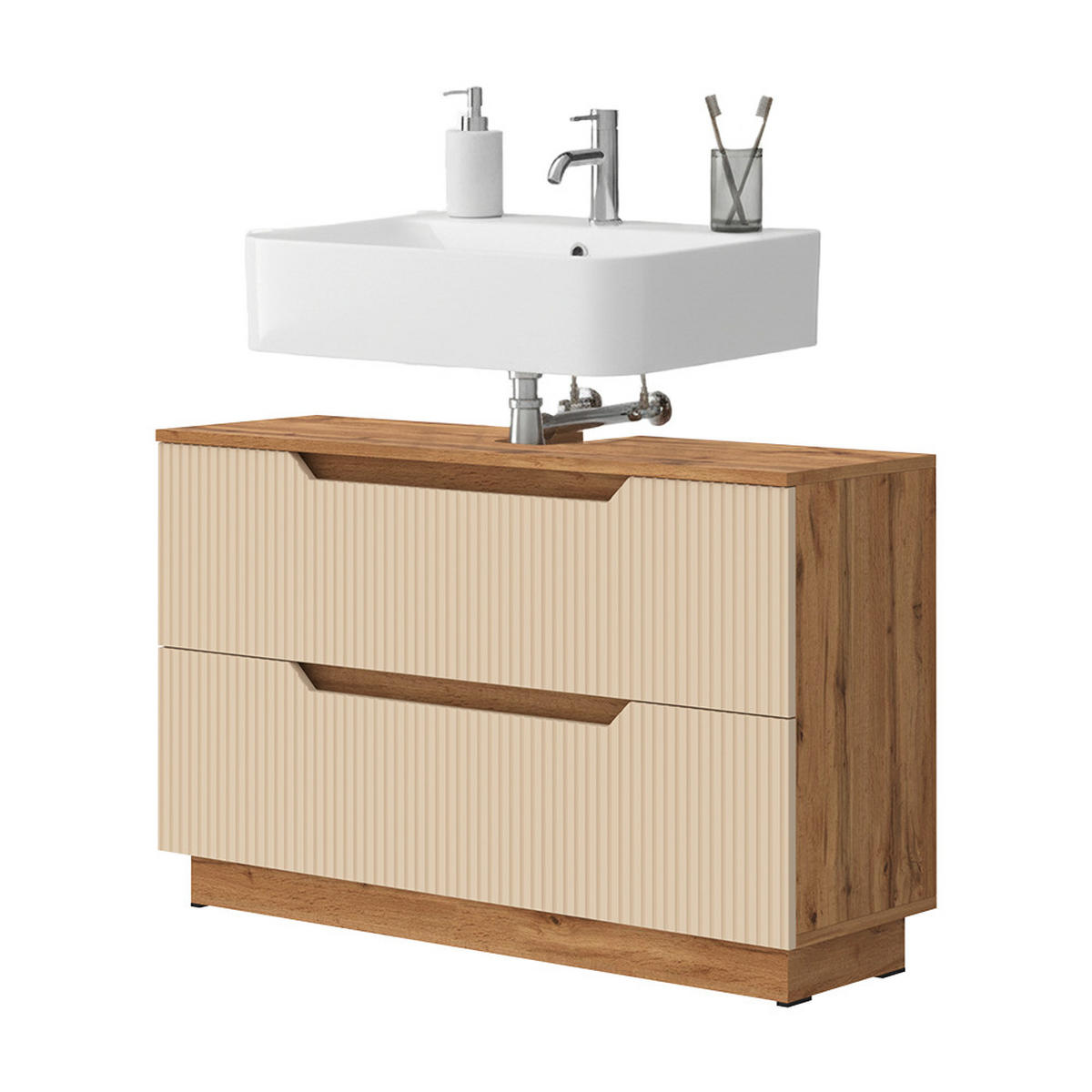 WASCHBECKENUNTERSCHRANK Lotta Eiche/Kaschmir gestreift 99.4 x 62.5 cm mit 2 Schubladen - Kaschmir/Eichefarben, Holzwerkstoff (99.4/62.5/32cm) - Vicco