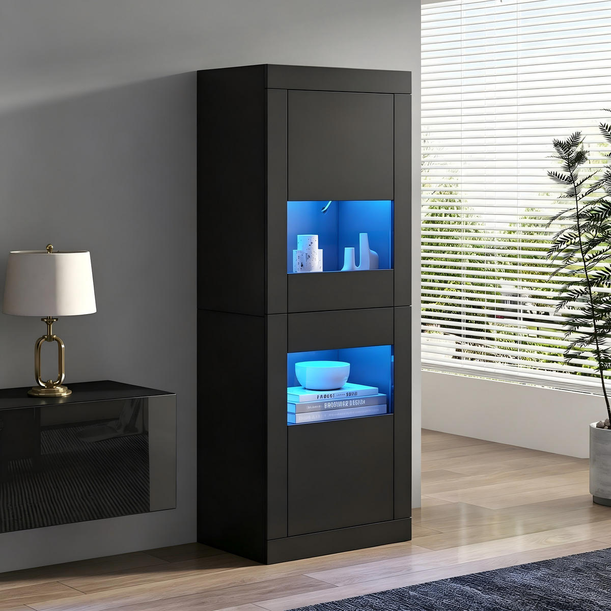 VITRINE 61x42x162 cm Schwarz mit LED und Glasboden - Schwarz, Holzwerkstoff (61/162/42cm) - FLIEKS