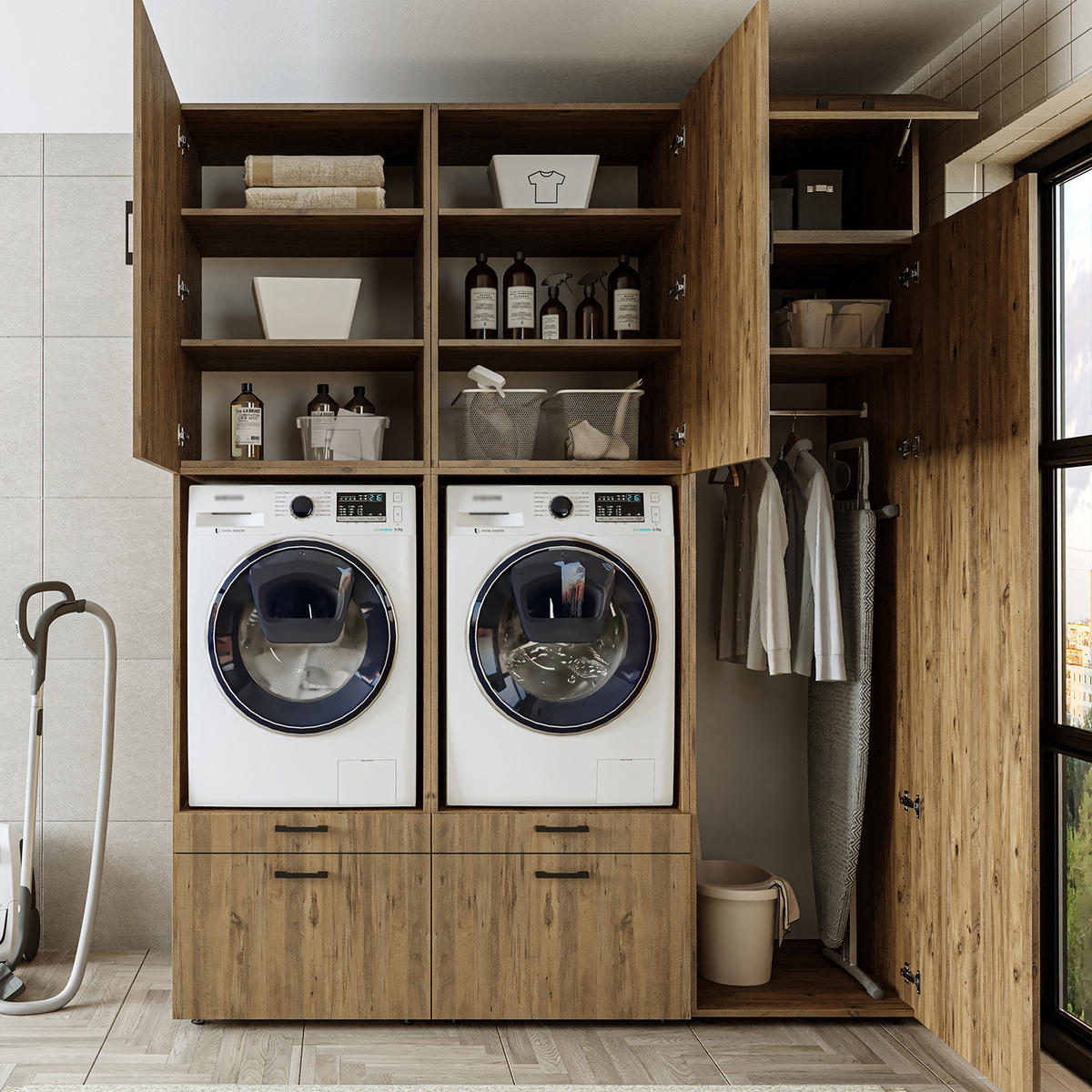 WASCHMASCHINENSCHRANK Serie 2 194cm Breit, 240cm Hoch - Eichefarben, Holzwerkstoff (194/240/67cm)