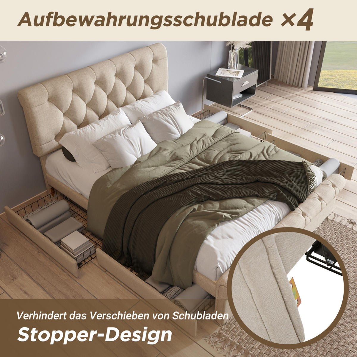 POLSTERBETT 140/200 cm Natur aus Metall und Holz mit Matratze und 4 Schubladen - Naturfarben, Metall (140/200cm) - OKMYHOME