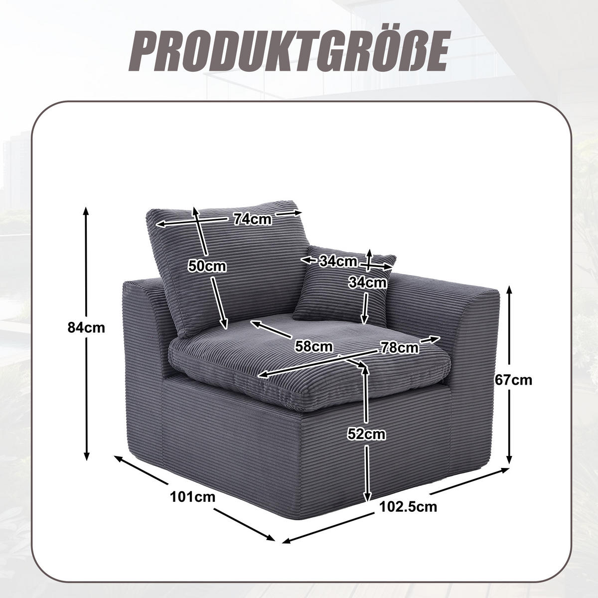SESSEL Cord-Sofa mit Federkern-Polsterung und Kissen, Montagefrei - Dunkelgrau, Textil (101/84/102cm) - Urban Meuble