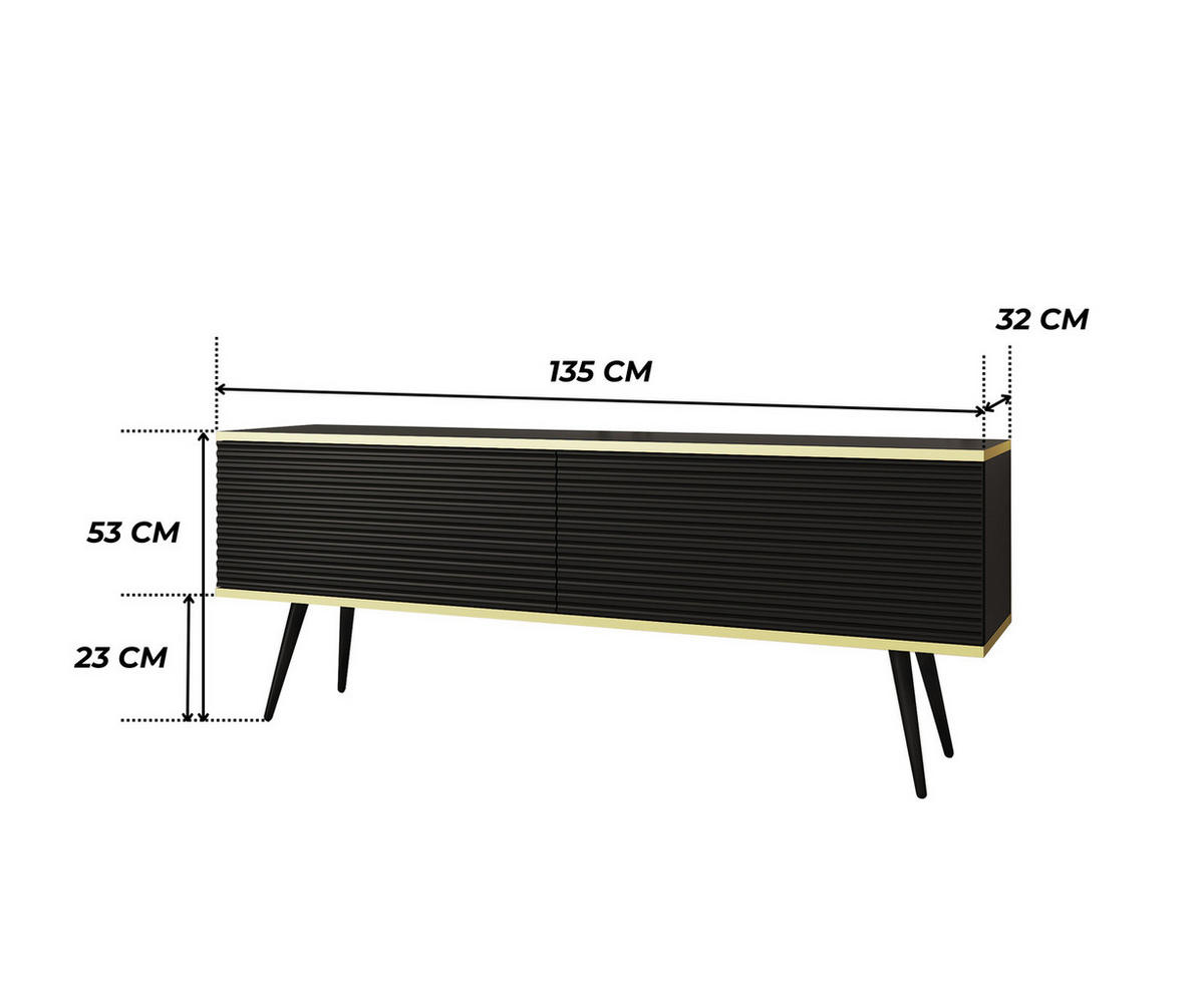 TV-BOARD FORNO (Schwarz, Rillenfront, Goldene Details, 2 Klapptüren, schwarze Metallfüße, 135 cm) - Schwarz, Holz/Holzwerkstoff (135/53/32cm) - Ravio