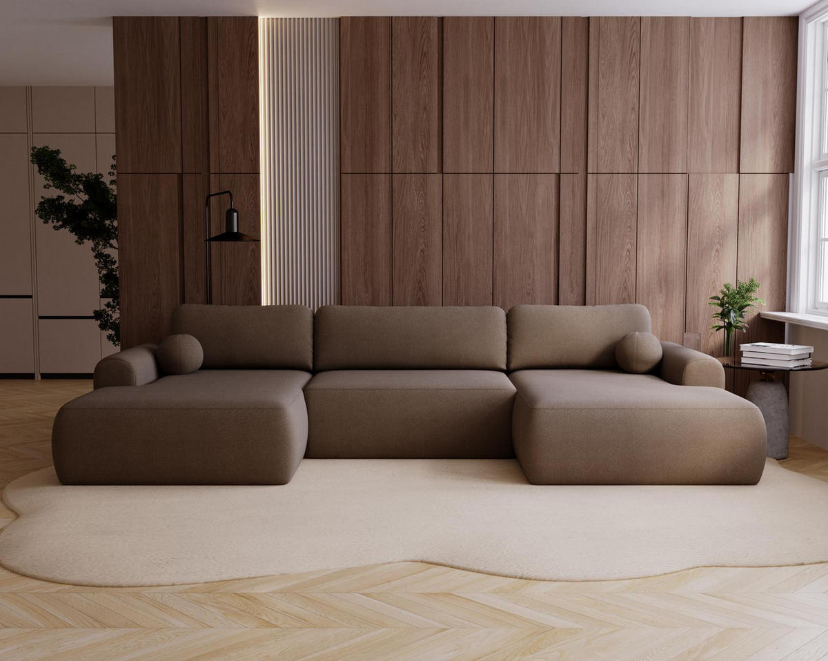 WOHNLANDSCHAFT Aurora Braun, mit Schlaffunktion in Lambi Stoff - Braun, Holzwerkstoff/Textil (344/92/177cm) - Bettso