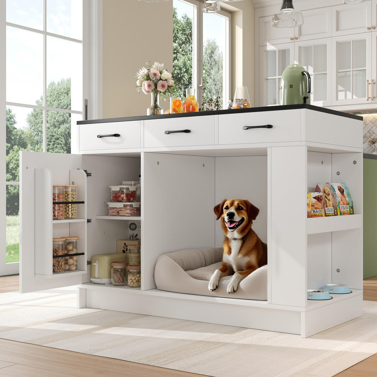 SERVIERWAGEN 120x60x90cm Weiß mit Gewürzregal & verstellbaren Regalen - Weiß, Holzwerkstoff (120/90/60cm) - Modfu