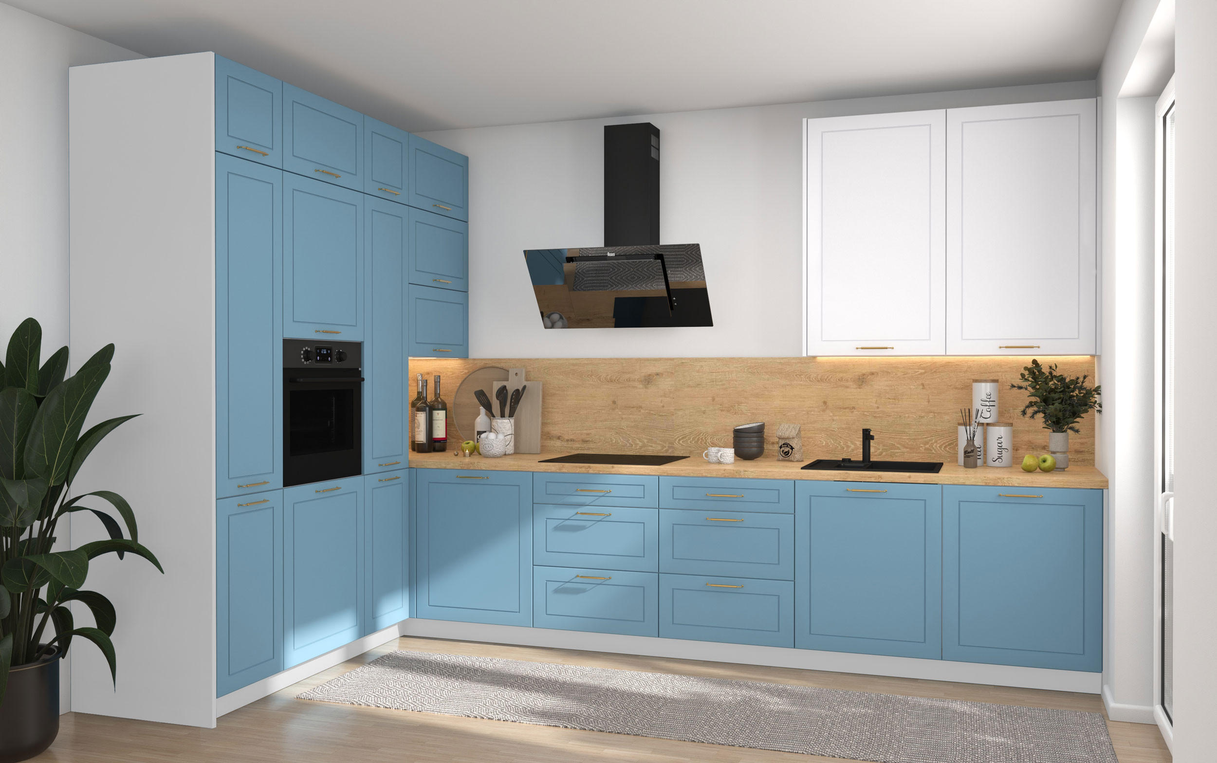 L-FORM KÜCHENZEILE Bari (16-tlg) Weiß / Pastellblau - Signalweiß - Blau, Holzwerkstoff/Metall (347/243/202cm) - Feldmann-Wohnen