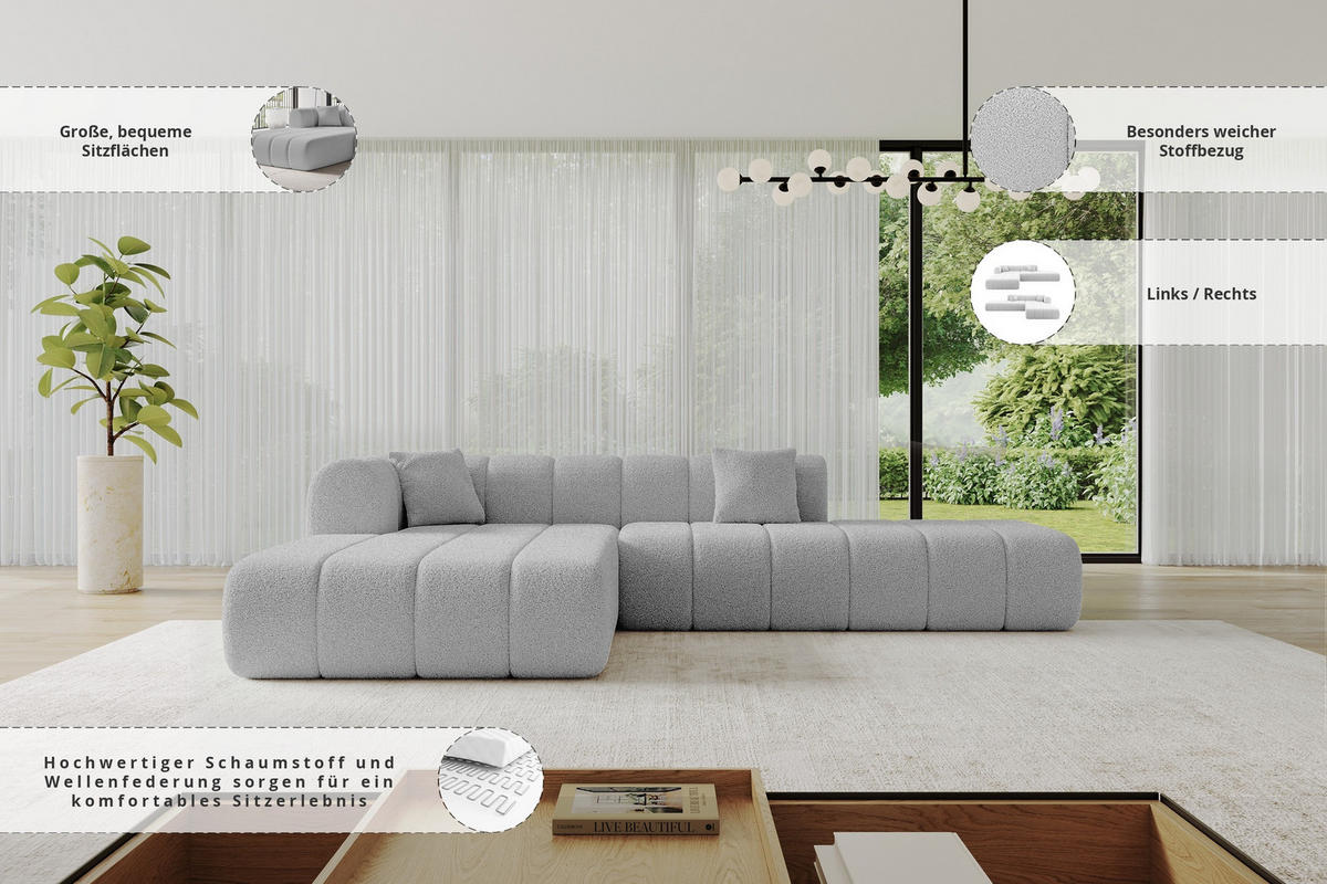 ROHOVÁ SEDAČKA s otomanem, levá BILA-L 289x176x71 Světle šedá Buklé - černá/stříbrná, kompozitní dřevo/textil (176/289cm) - ALTDECOR