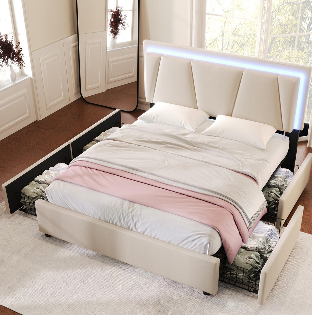 POLSTERBETT aus Holz 140x200 cm in Beige mit LED-Beleuchtung & 4 Schubladen - Beige, Holzwerkstoff (140/200cm) - Modfu