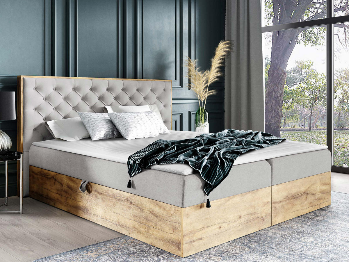 BOXBETT Wood 3 - Eiche Wotan/Hellgrau, Holz/Textil (180/200cm) - MIRJAN24