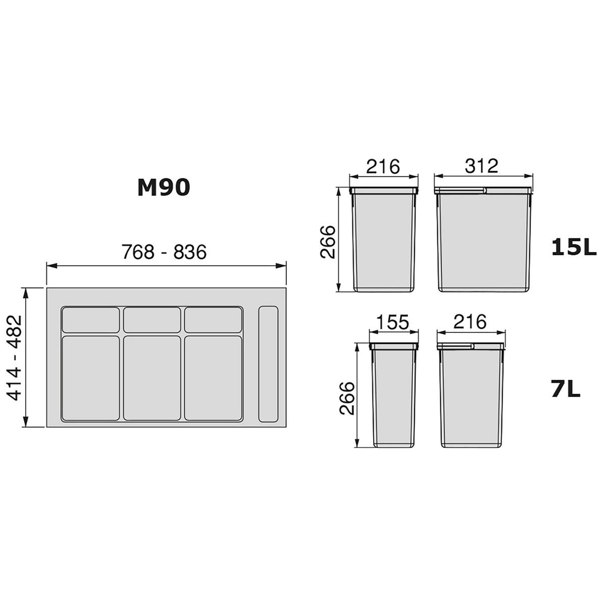 RECYCLINGBEHÄLTER für Küchenschublade mit Boden, Höhe 266mm, 2x15Liter, 2x7Liter, Modul 900mm, Kunststoff Anthrazitgrau 4er-set - Anthrazit, Kunststoff (53/30/86cm) - EMUCA