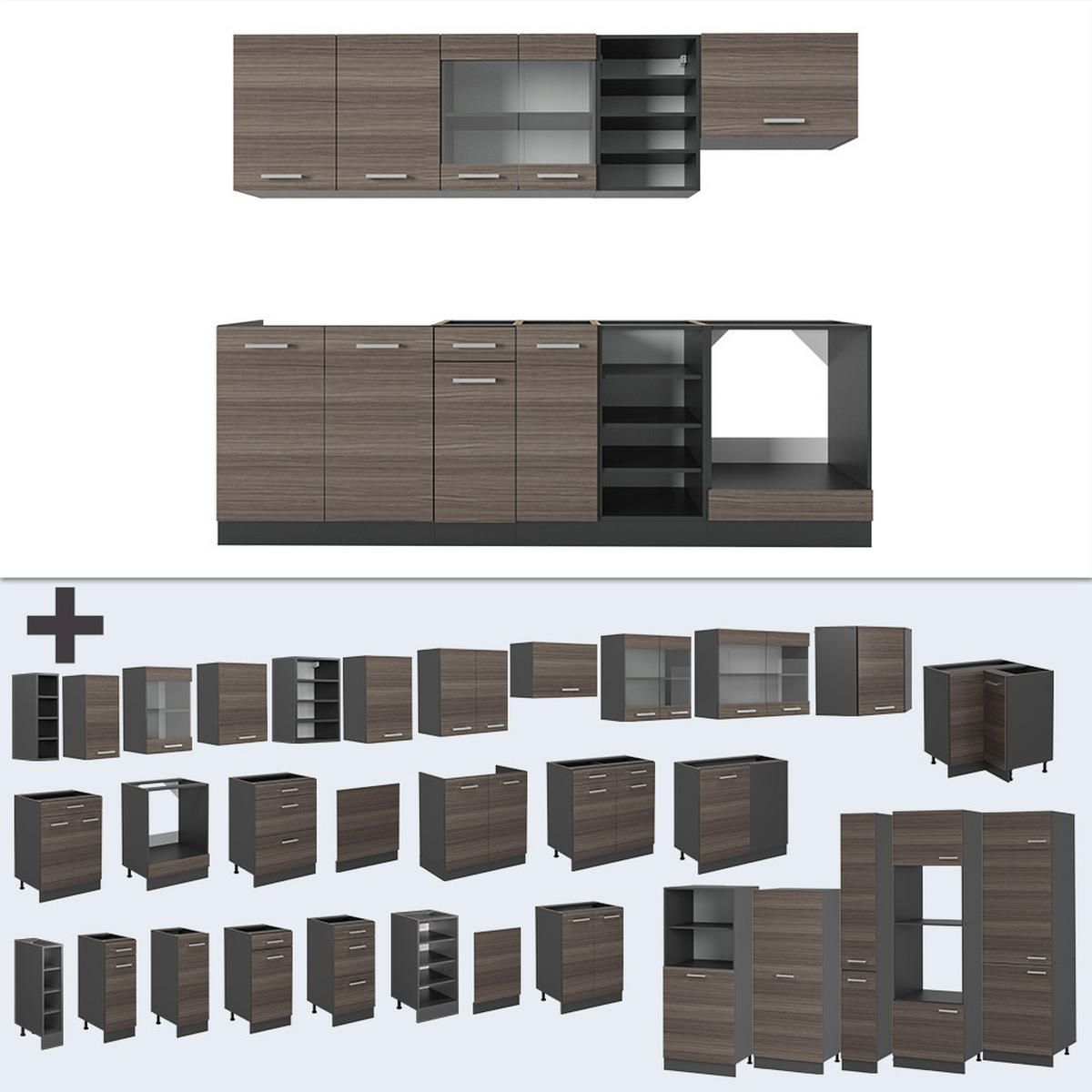KÜCHENZEILE R-Line Edelgrau/Anthrazit 240 cm , AP Marmor - Anthrazit/Braun, Holzwerkstoff (240/81.6/60cm) - Vicco