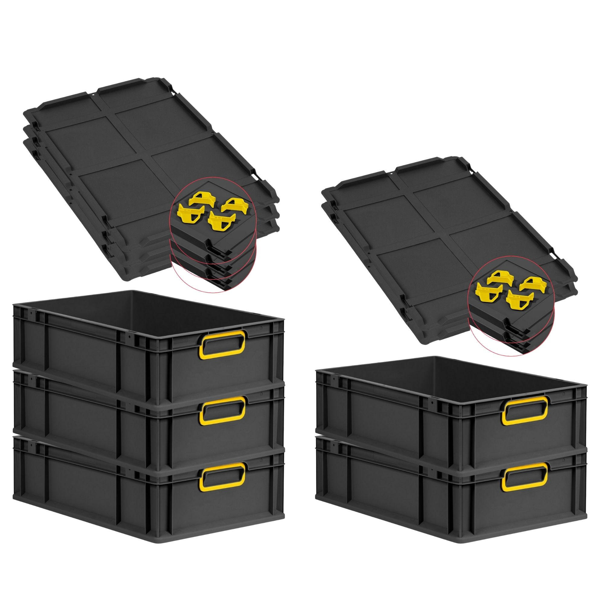 EUROBOX 5x NextGen Color mit Auflagedeckel 17x40x60 cm 34 Liter Schwarz Griffe gelb zu - Gelb/Schwarz, Kunststoff (40/17/60cm) - PROREGAL