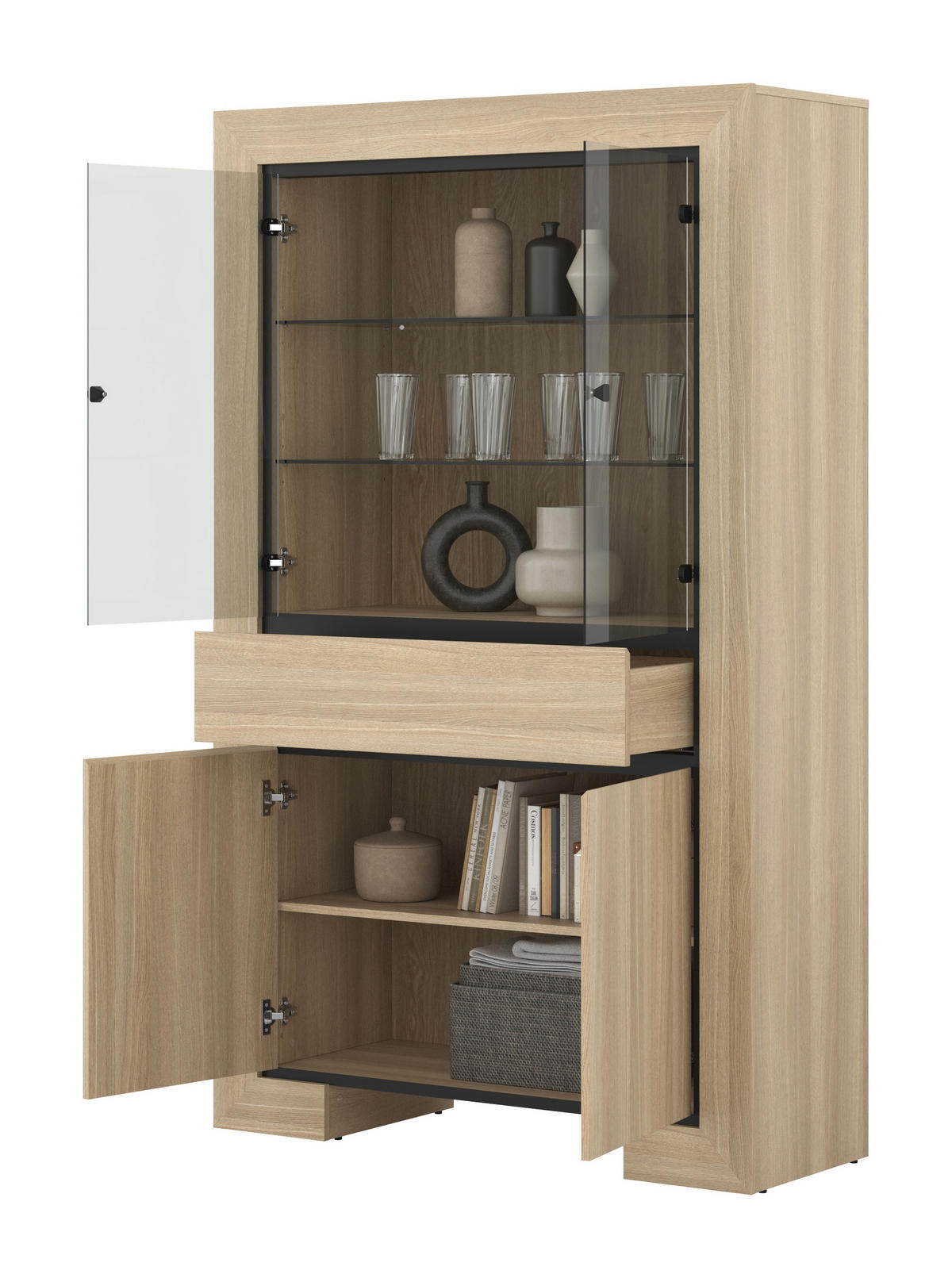 VITRINE LUNO 185 / 113 cm in Eichefarben - Eichefarben/Schwarz, Holzwerkstoff (113/185/41cm) - MASSENO