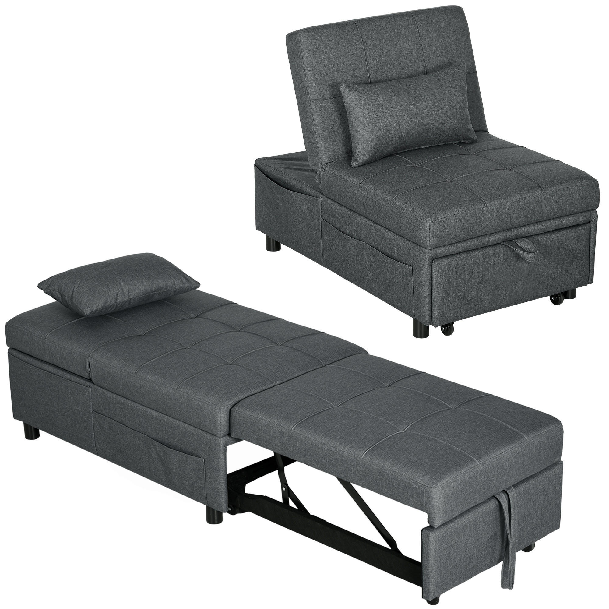 SCHLAFSESSEL 3-in-1 DE-14665 verstellbare Rückenlehne & Rollen Grau - Grau, Textil (104/81/65.5cm) - ComfortXL