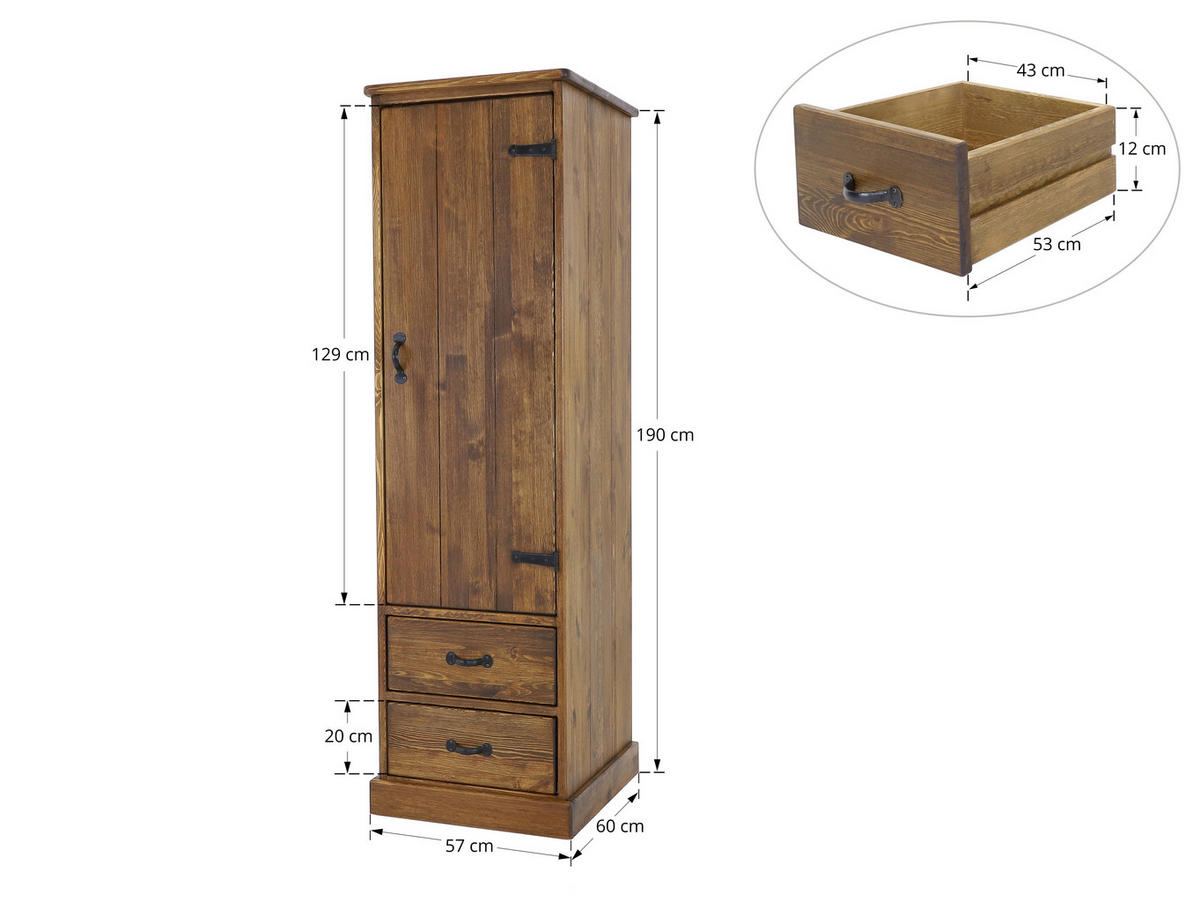 KLEIDERSCHRANK aus Massivholz Rustyk 1D - Dunkelbraun/Schwarz, Holz (57/190/60cm) - Seart