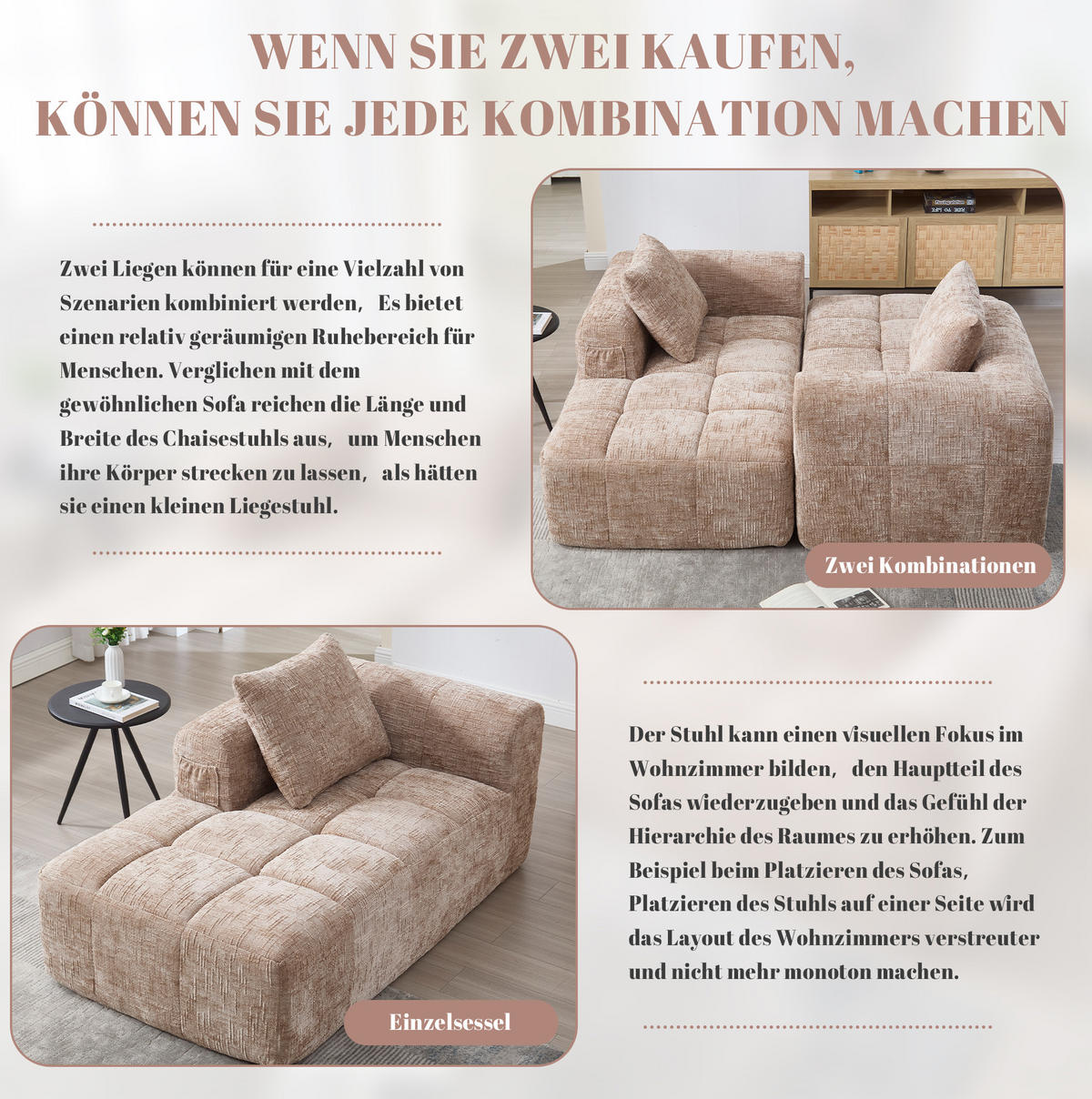 CHAISELONGUE Sofa Chenille mit Seitentaschen und Kissen 158/90/60 cm Sandfarben - Sandfarben, Textil (60/158/90cm) - Redom