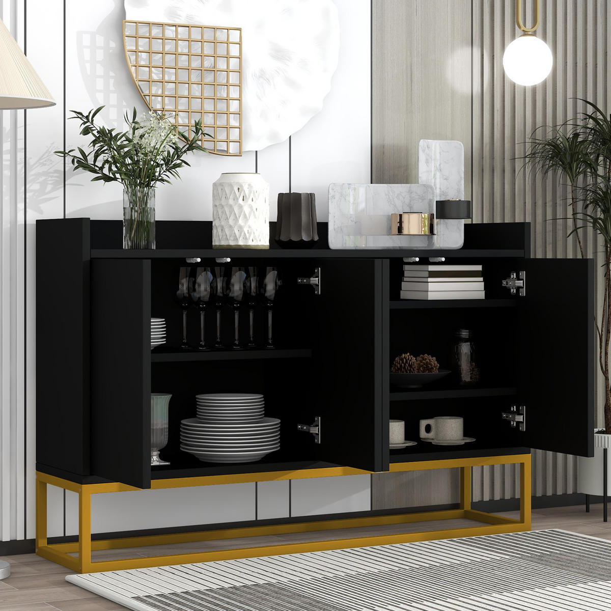 SIDEBOARD 120/30/80 cm mit 4 Türen, verstellbaren Einlegeböden und Push-to-Open, mit Metallrahmen, Schwarz - Schwarz, Holzwerkstoff (120/80/30cm) - Redom