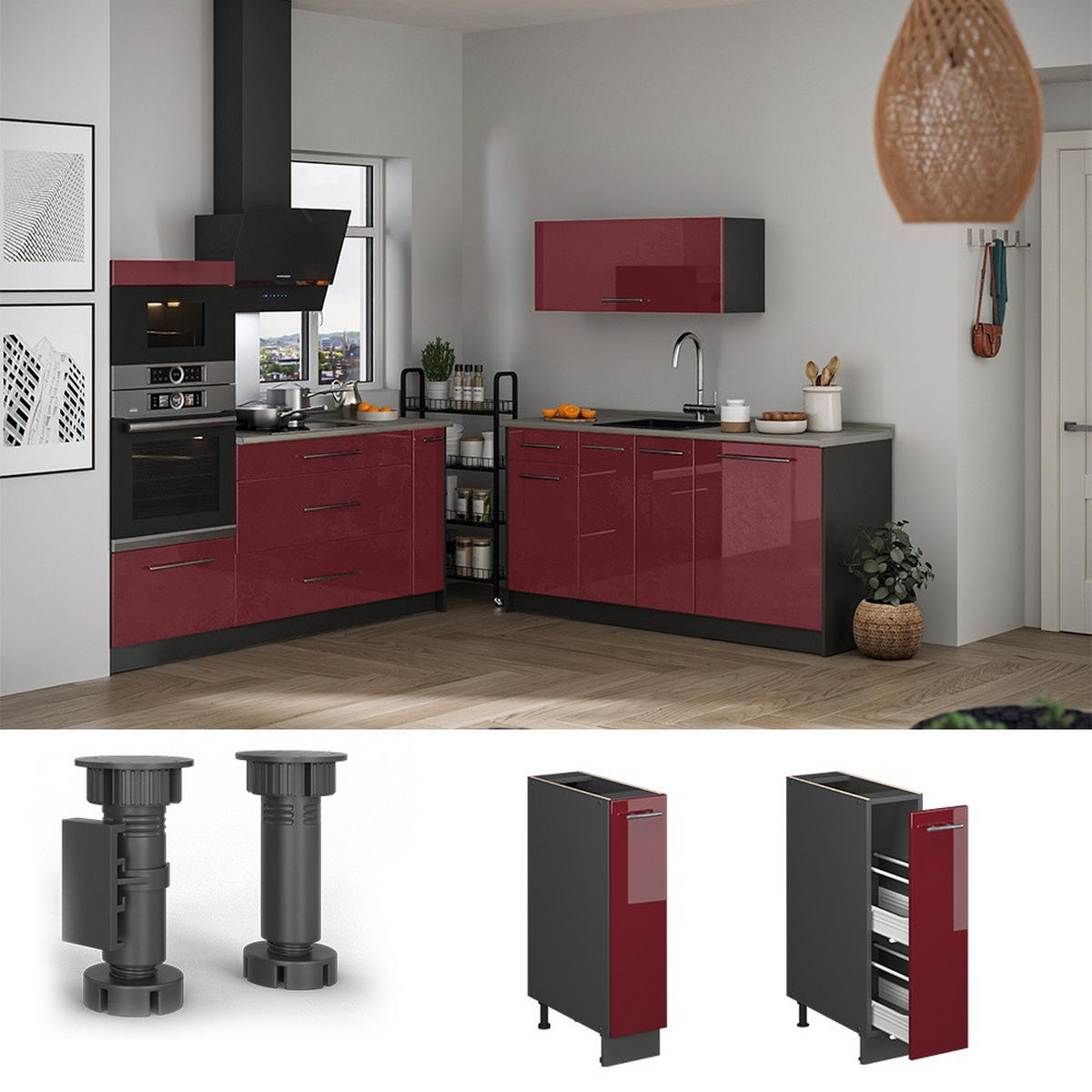APOTHEKERSCHRANK Fame-Line, Bordeaux Hochglanz/Anthrazit, 20 cm, AP Marmor - Bordeaux/Anthrazit, Holzwerkstoff (20/82/60cm) - Vicco