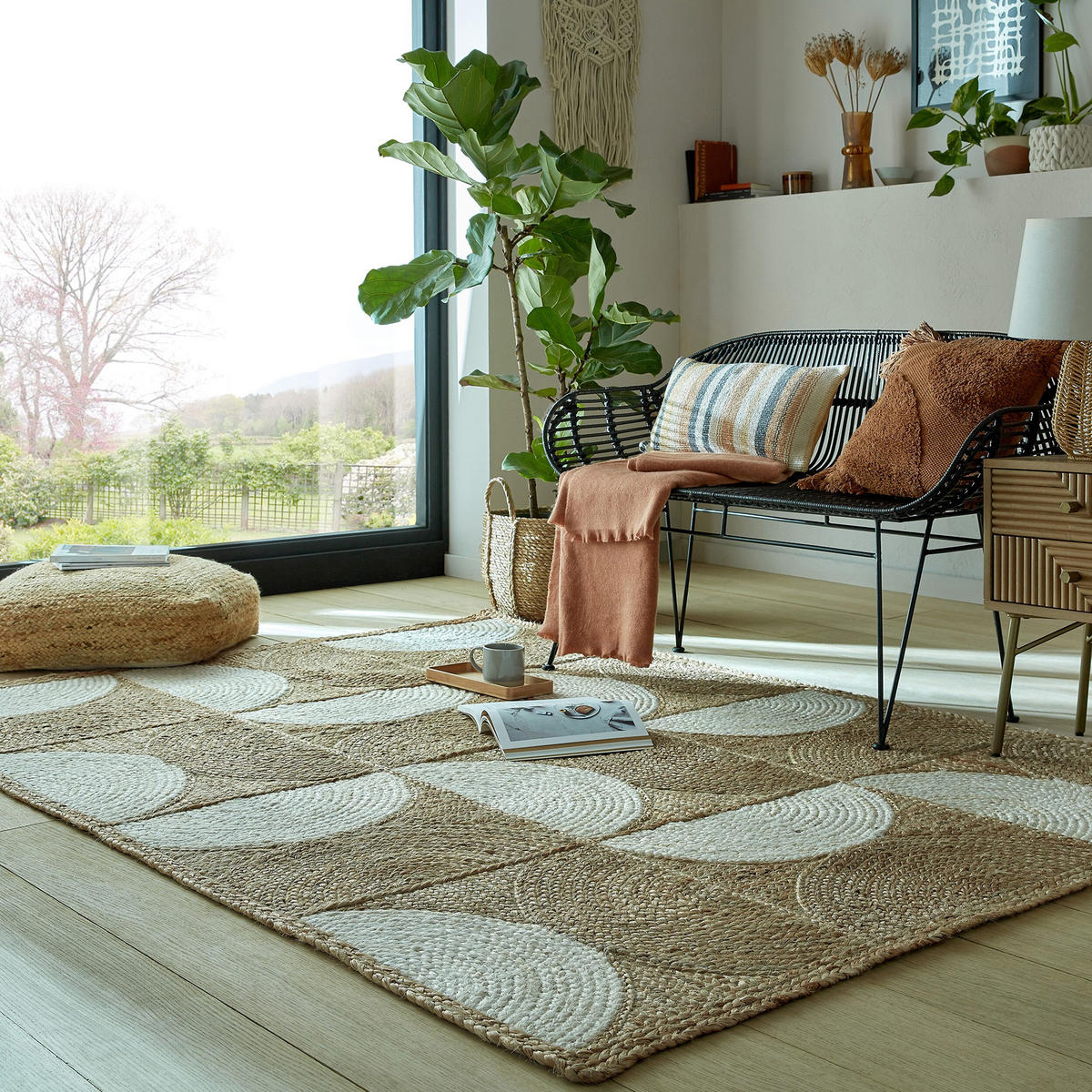 TEPPICH Jute Halbkreis Muster, Geometrisch, Wohnzimmer Natur Rechteckig 200x290 - Beige, Textil (200/290cm) - KADIMA DESIGN