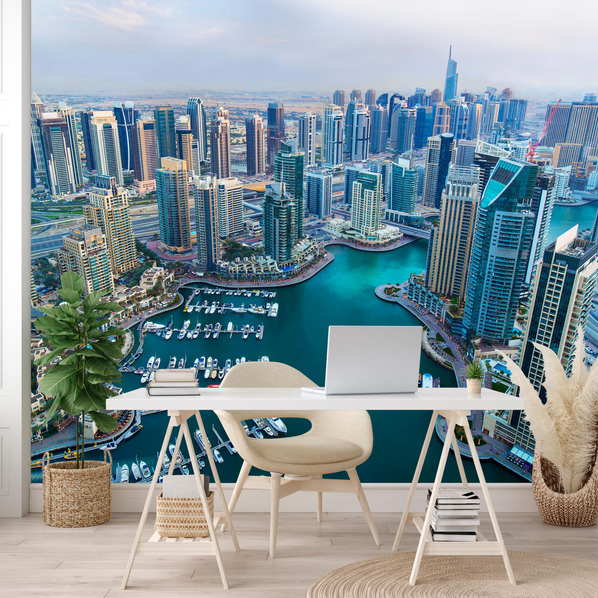 FOTOTAPETE für Wohnzimmer Dubai Vogelperspektive Wolkenkratzer 450x315 - Türkis/Blau, Papier (450/315cm) - Muralo