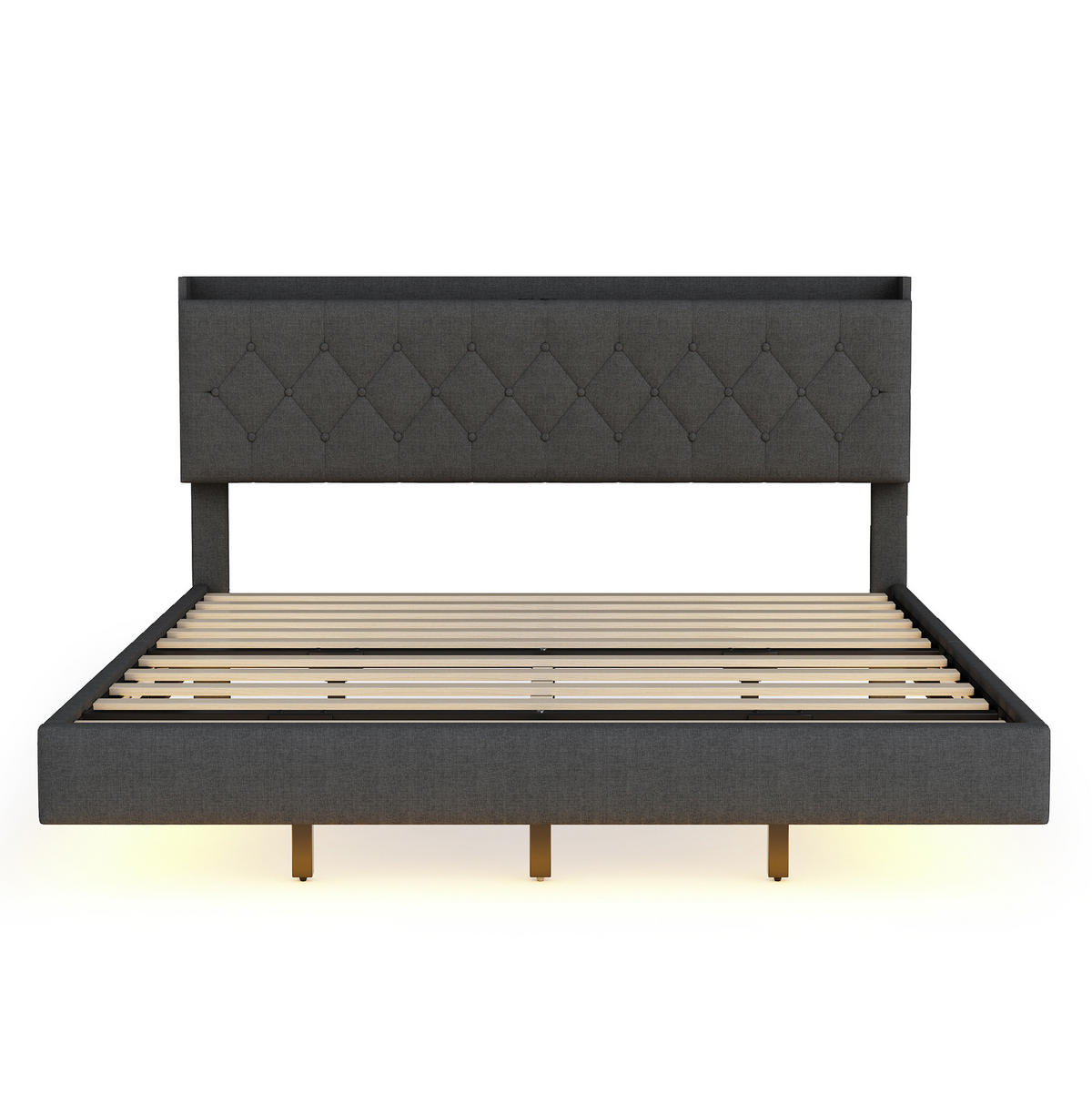 POLSTERBETT 160/200 cm aus Leinenstoff mit LED-Lichtleiste, USB-Anschluss und Stauraum, Grau - Grau, Textil (160/200cm) - Redom