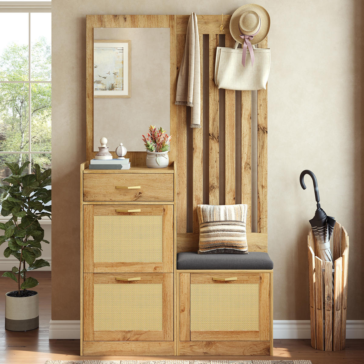 GARDEROBE-SET in Naturfarben Schuhschrank mit Spiegel , Sitzbank, Schuhschrank, Haken und Wandmontage , B99.5/T26/H180cm - Naturfarben, Glas/Holzwerkstoff (99.5/180/26cm) - STILVORA