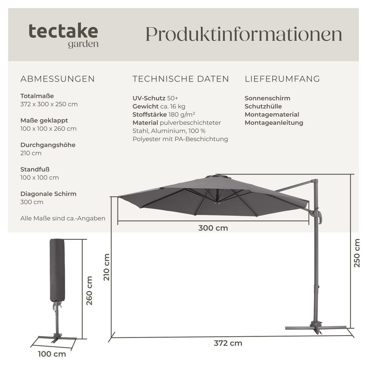 SONNENSCHIRM Daria,UV-Schutz 50+, inklusive Schutzhülle,grau - Grau, Metall (300/372cm) - tectake