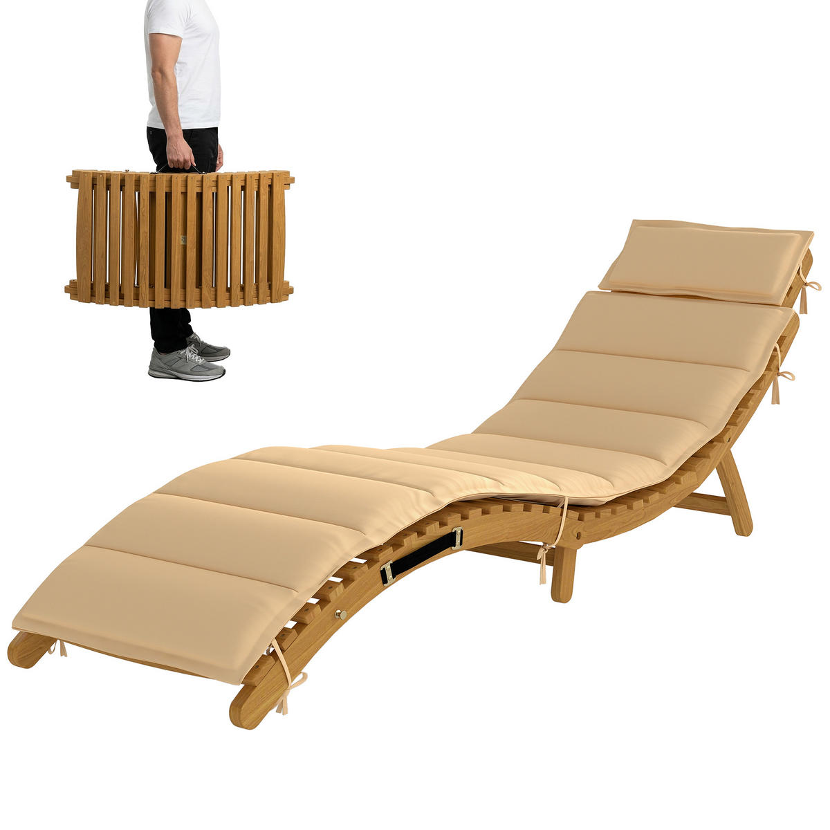 SONNENLIEGE klappbare wetterfeste Gartenliege aus Holz mit Polsterung Kopfstütze Tragegriff 183 x 54 x 63 cm, Beige - Beige, Metall (183/63/54cm)