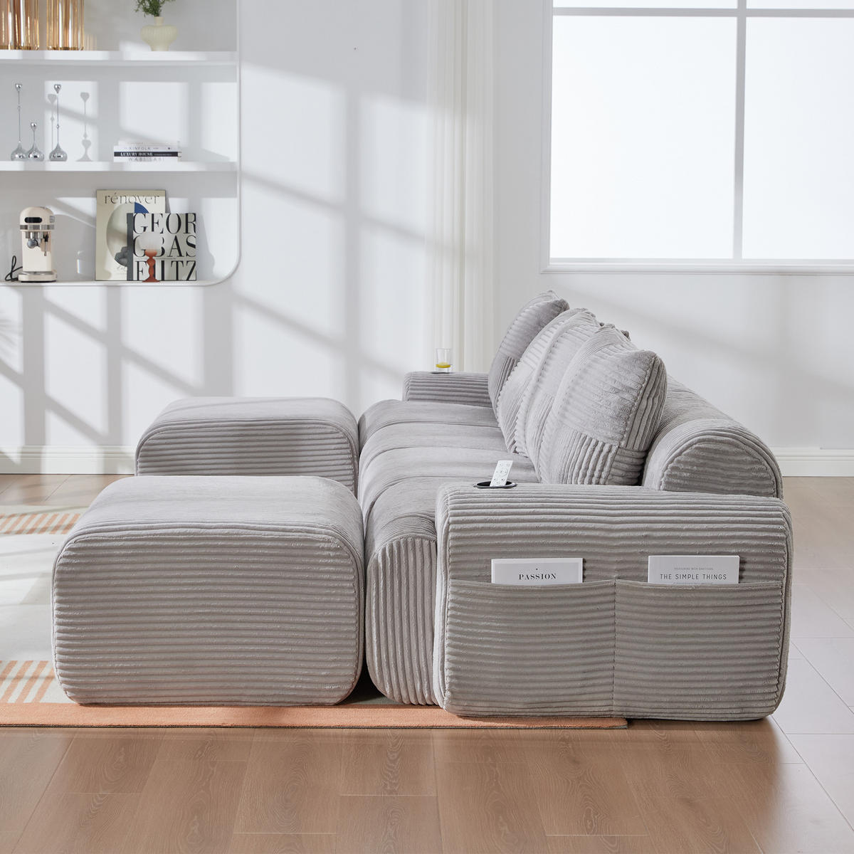 4-SITZER Wohnlandschaft Cord mit 2 Hockern und Getränkehalter 333/174/80 cm Hellgrau - Hellgrau, Textil (174/80/333cm) - Redom