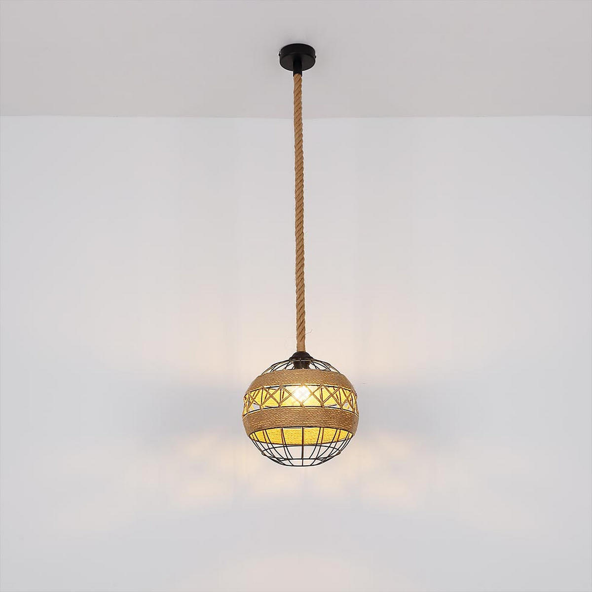 HÄNGELEUCHTE Hanfseil Schwarz Gitteroptik - Schwarz, Metall (30/30/120cm) - Globo Lighting