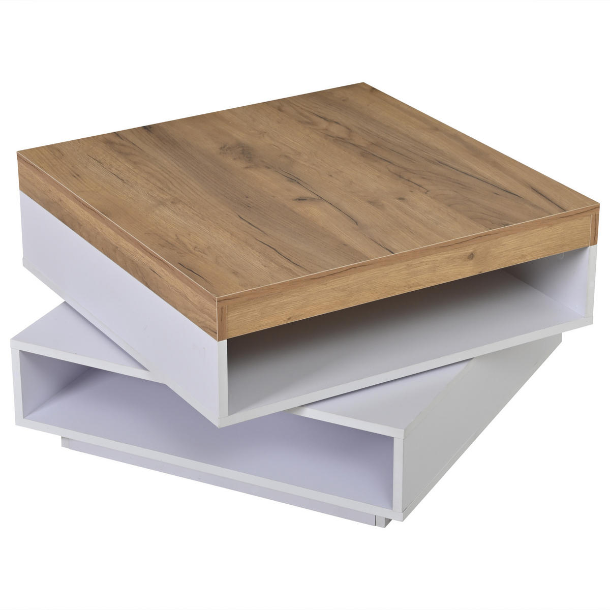 COUCHTISCH 65/65/40 cm weiß und eichefarben aus MDF mit 360° drehbarer Tischplatte und LED - Weiß, Holzwerkstoff (65/65/40cm) - OKWISH