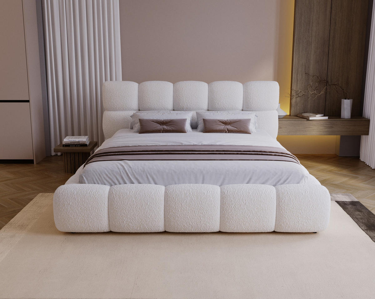 DOPPELBETT 200x200 Lucca mit Bettkasten, Stoff Bouclé, Creme - Creme, Holz/Textil (200/200cm) - Emporius