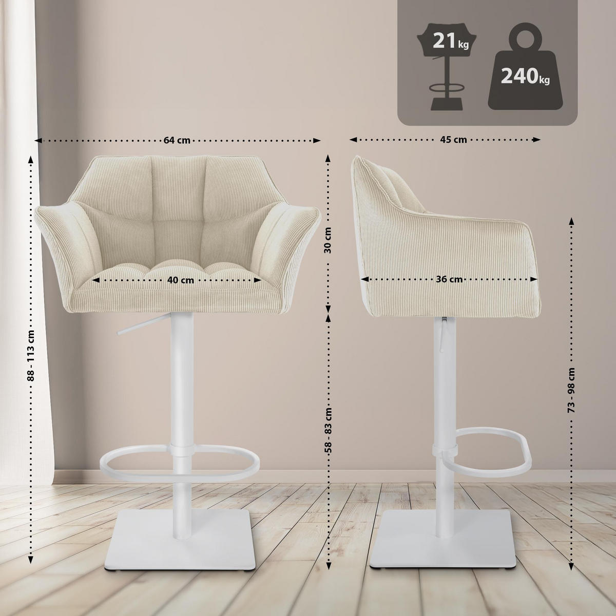 BARHOCKER Damaso 88x64x45 cm creme - Creme, Textil (64/88/45cm) - furnicato