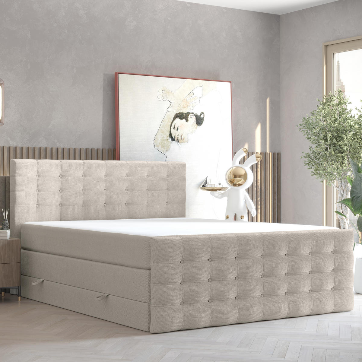 BOXSPRINGBETT Blend Beige 180/200 cm mit Matratze - Beige/Schwarz, Holz/Holzwerkstoff (180/200cm) - Maison de Reve