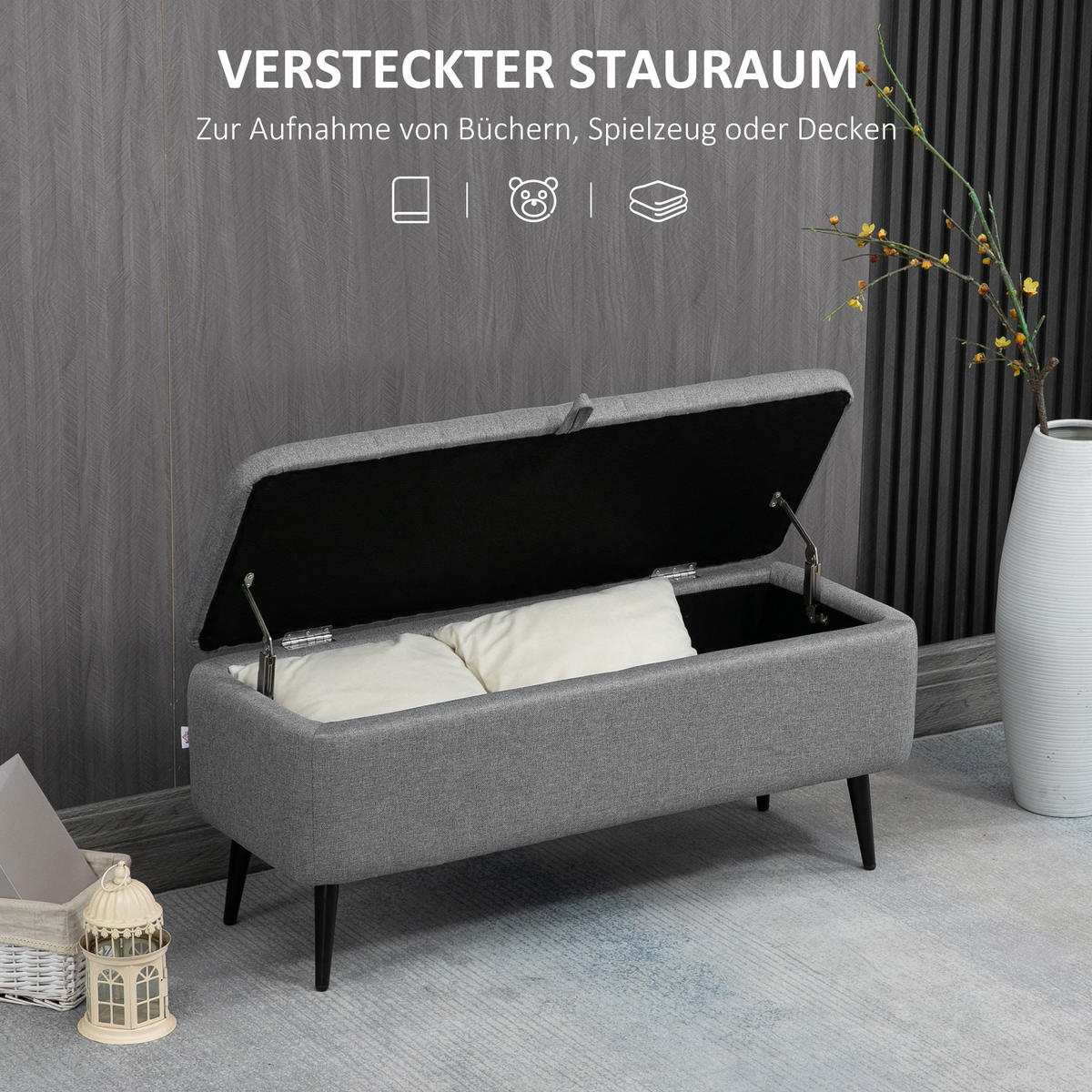 SITZBANK mit Stauraum Polsterbank mit Leinenoptik, Sitztruhe mit Stahlbeine - Grau, Kunststoff (40/44/102cm) - HOMCOM