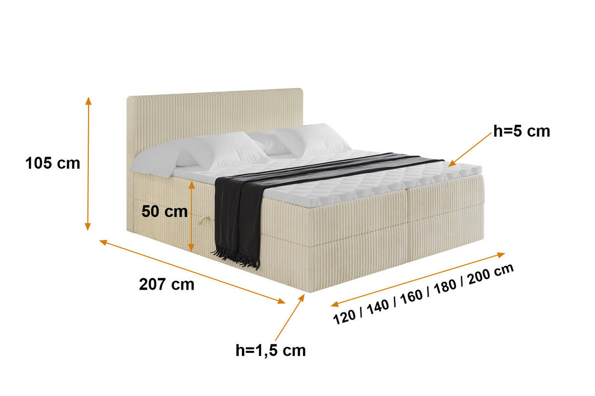 BOXBETT mit Matratze H3 und Lattenrost - TOLO - 160x200 Cord - Creme - Champagner, Holzwerkstoff/Kunststoff (160/200cm) - ALTDECOR