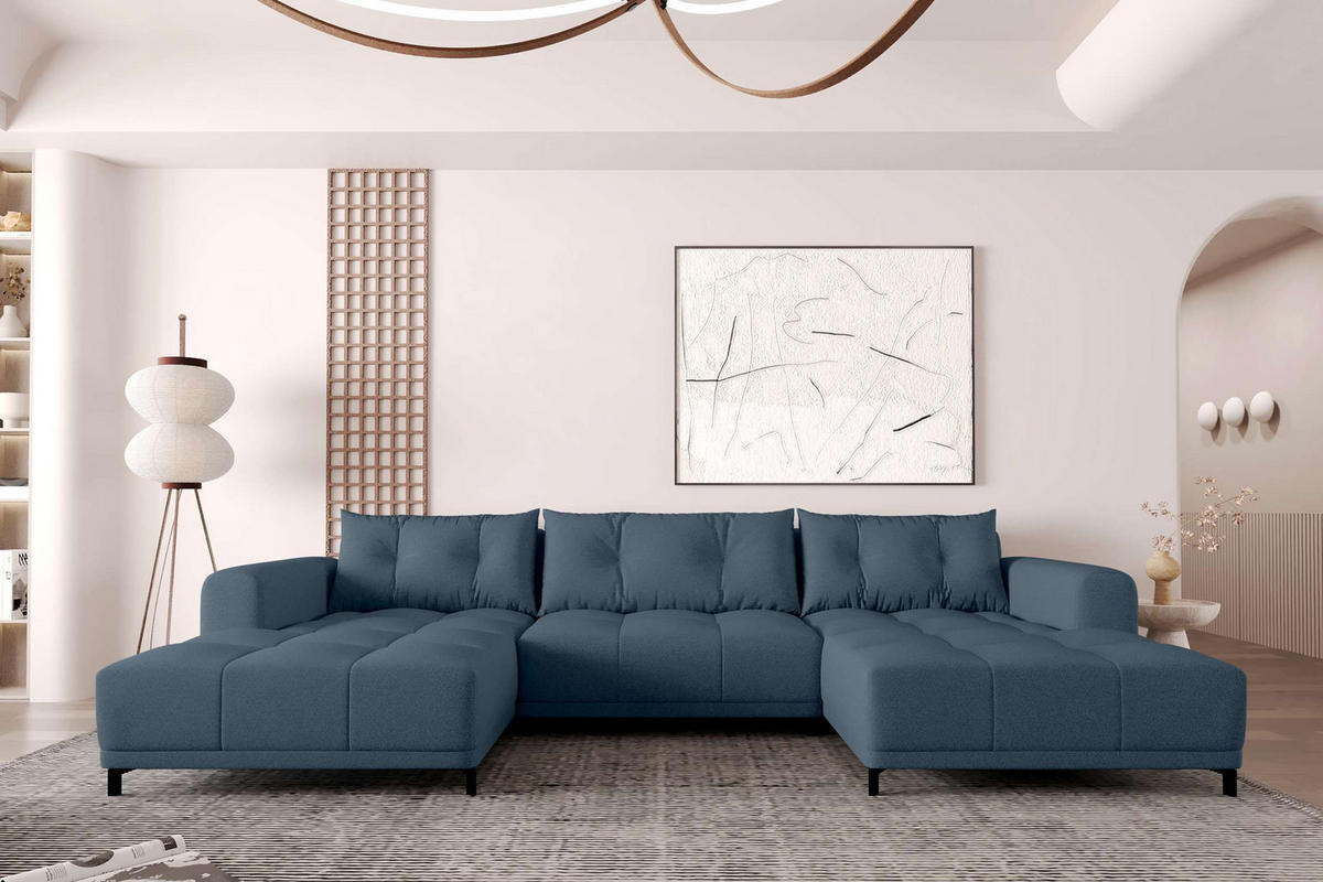 WOHNLANDSCHAFT Strukturstoff Dunkelblau inkl. Schlaffunktion - Schwarz/Dunkelblau, Textil/Metall (348/94/181cm) - 99rooms