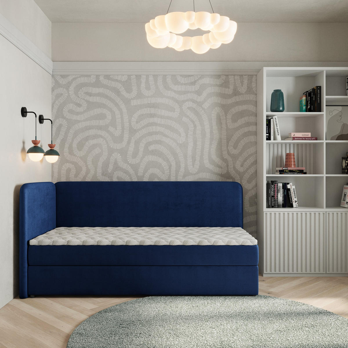 BOXBETT GINA 100x200 cm mit Matratze und Topper, H2+H3 - Blau - Blau, Holz (100/200cm) - MASSENO