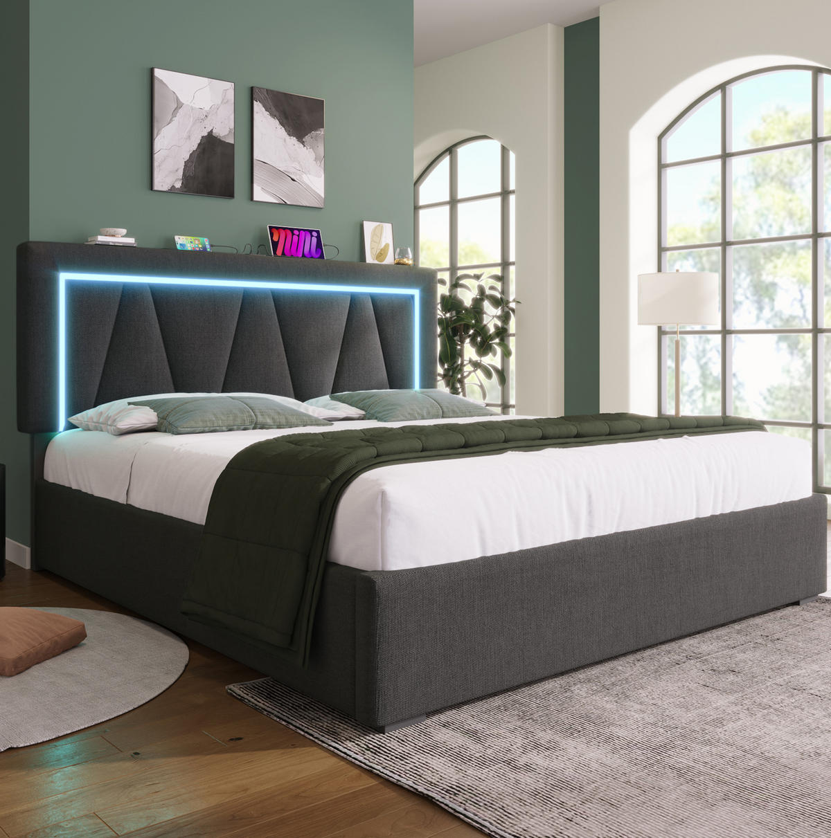 POLSTERBETT aus Leinen 160x200 cm Grau mit LED-Beleuchtung, USB-/Type-C-Anschluss und Bettkasten - Grau, Textil (160/200cm) - IVMEU