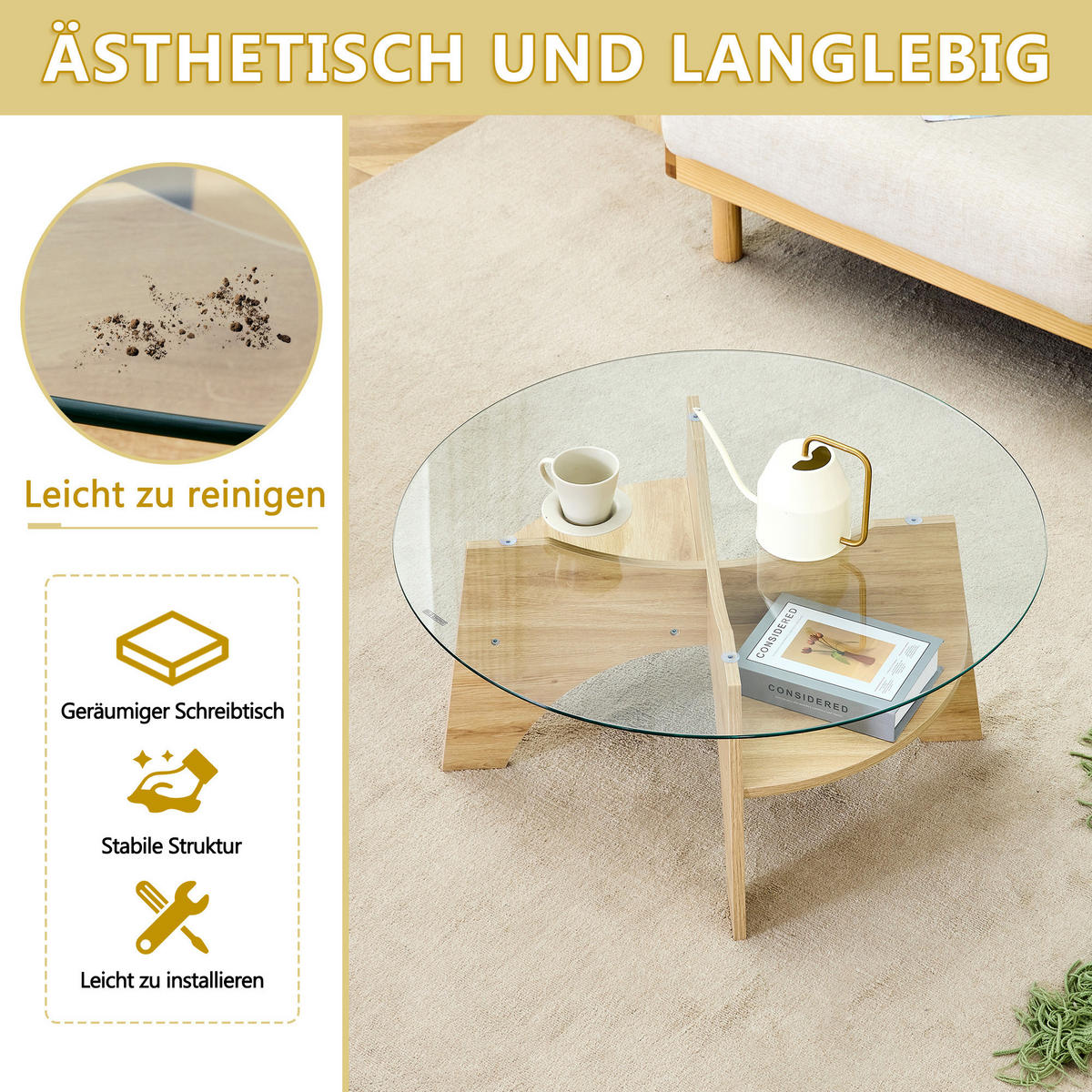 COUCHTISCH in Naturfarbe Moderner runder Beistelltisch für Esszimmer und Wohnzimmer, Ø80/H36 cm - Transparent/Naturfarben, Glas/Holzwerkstoff (80/80/36cm) - STILVORA