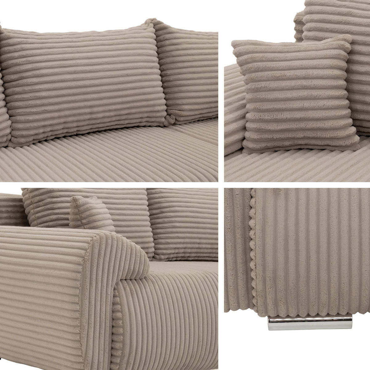 WOHNLANDSCHAFT Ubo U Cord - Beige/Silberfarben, Holz/Kunststoff (366/81/187cm) - MIRJAN24